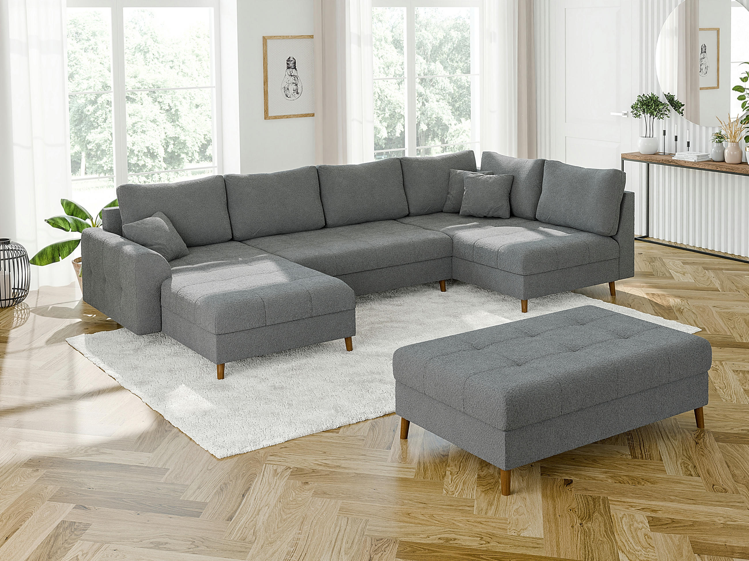 WOHNLANDSCHAFT inkl. Hocker Henrik Grau Boucle - Braun/Grau, Holz/Textil (310/81/161cm) - S-Style Möbel