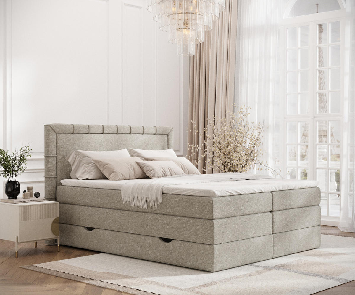 BOXSPRINGBETT Rosabel Beige Grau 140/200 cm mit Matratze und Topper - Beige/Schwarz, Holz/Holzwerkstoff (140/200cm) - Maison de Reve