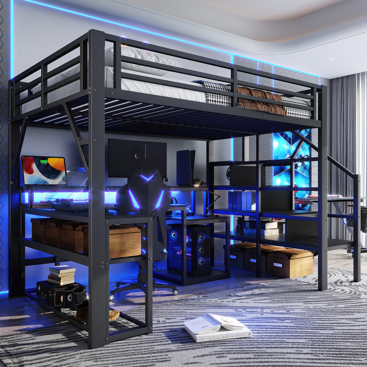 HOCHBETT 140x200cm Schwarz Metall LED-Licht Schreibtisch USB - Schwarz, Metall (140/200cm) - FLIEKS