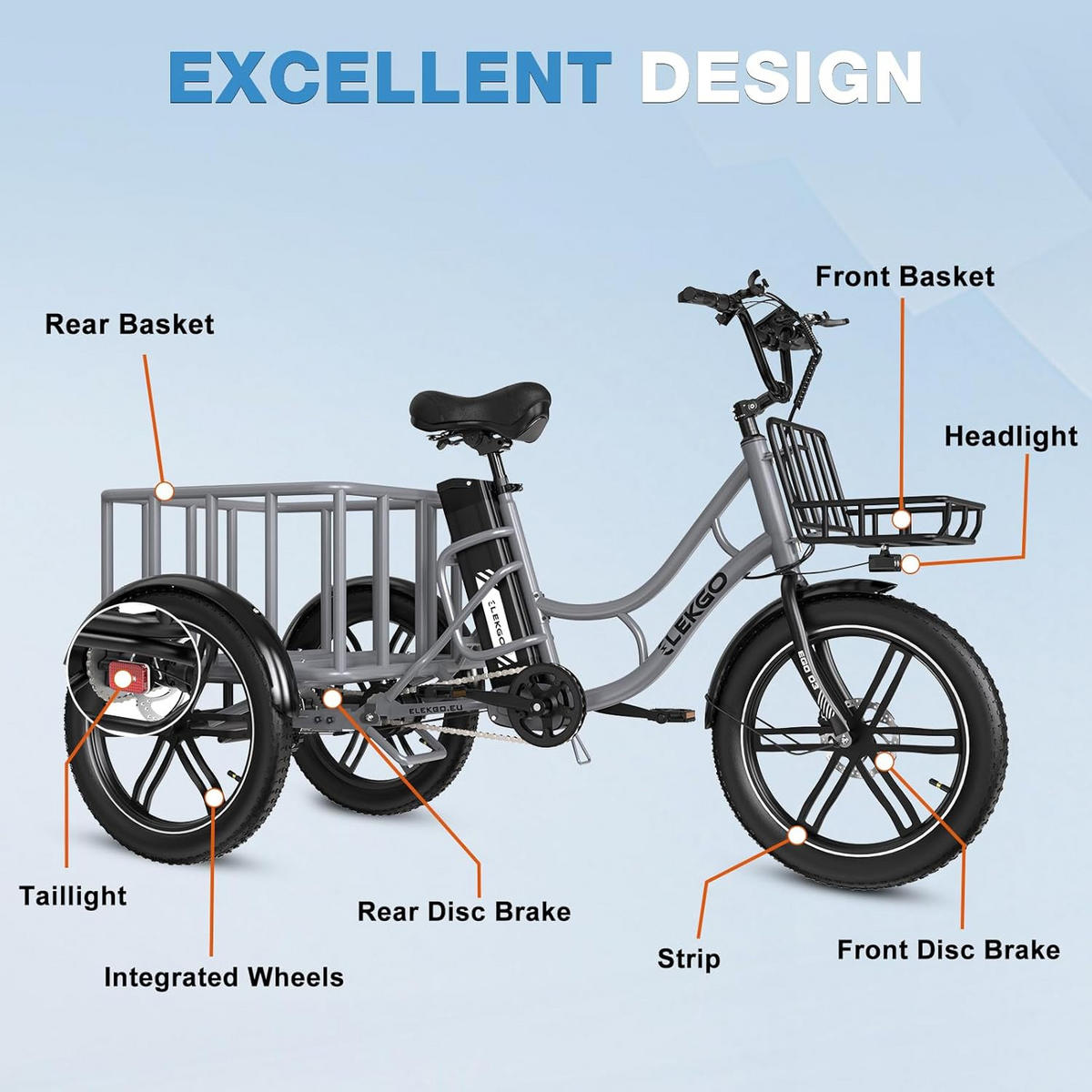E-BIKE EGO 03S 48V 18Ah großer Front und Heckkorb, max. Zuladung 125 kg - Grau, Metall (66cm) - ELEKGO