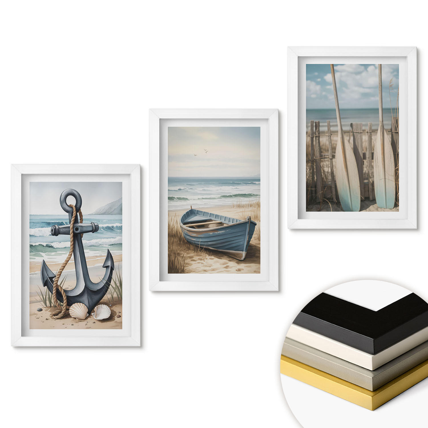 WANDBILDER 3er-Set - 20x30 cm Weißer Rahmen - Anker, Boot, Ruder, Strand - Weiß, Kunststoff (20/30cm) - ArtPrintCave