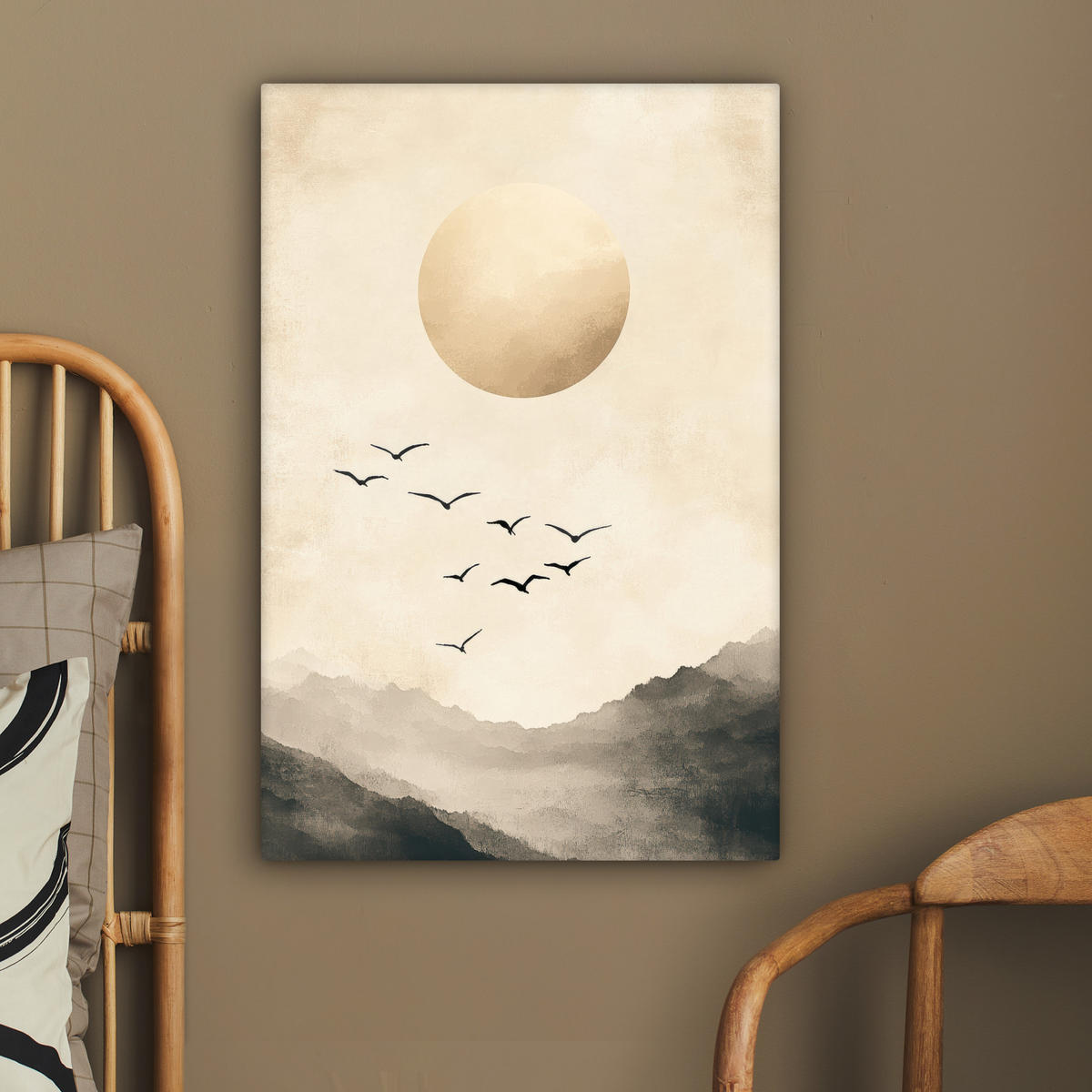 LEINWANDBILD Landschaft - Japandi - Vogel 60x90 cm - Beige, Textil (60/90cm) - MuchoWow