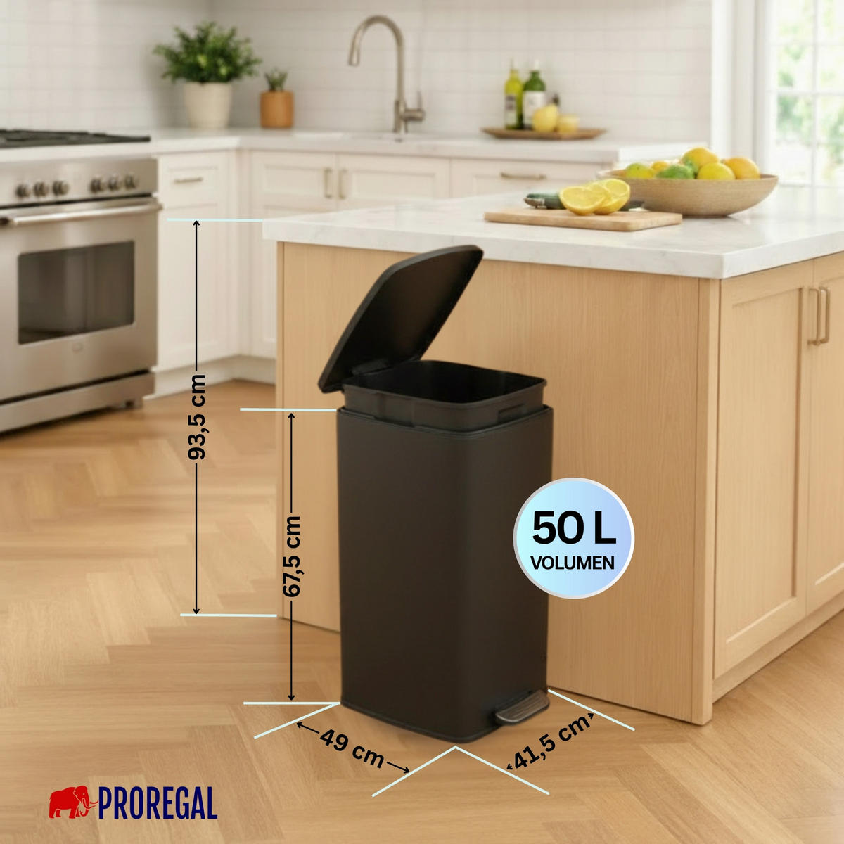 MÜLLEIMER 50 Liter mit Softclose & Fußpedal - Schwarz, Metall (41.5/67.5/49cm) - PROREGAL