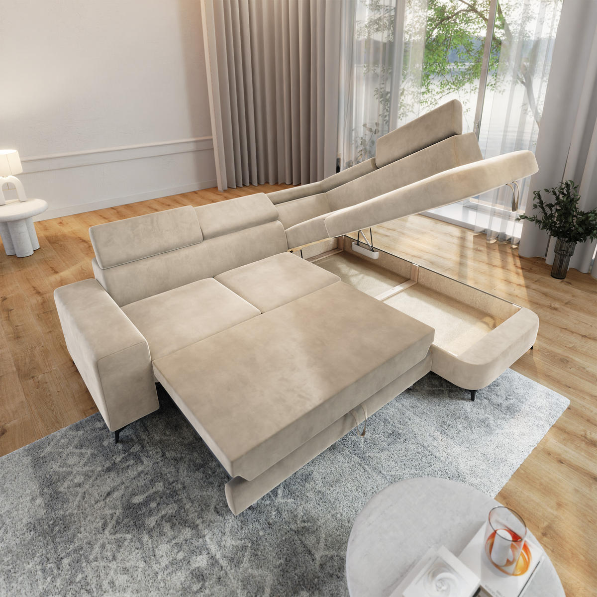 ECKSOFA ALVORO R-S Creme Velours-Stoff mit Schlaffunktion - Creme, Holz (253/190cm) - MASSENO