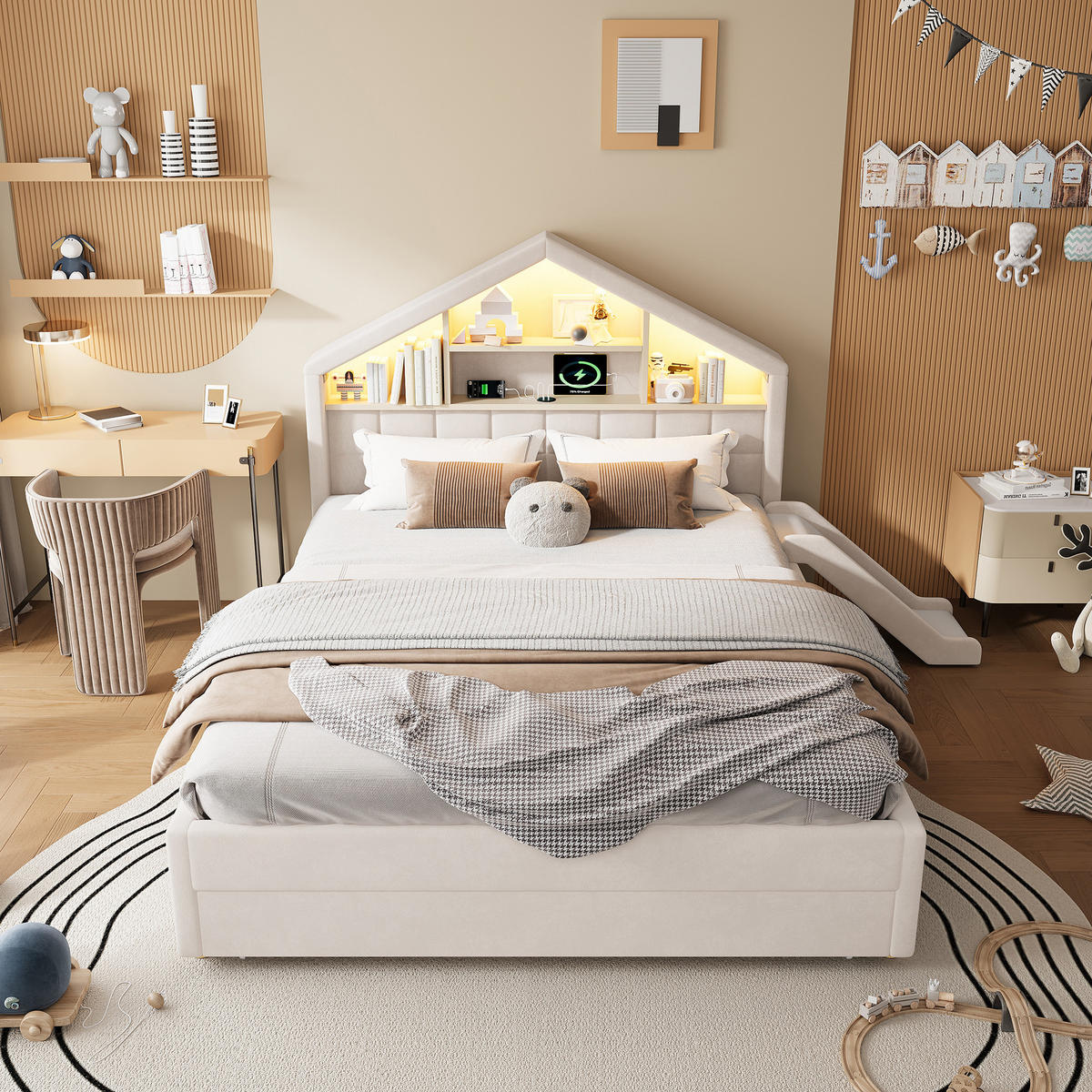 SPIELBETT 140/200 cm mit Rutsche und LED, DE-41740, in Beige - Beige, Holzwerkstoff (140/200cm) - ComfortXL