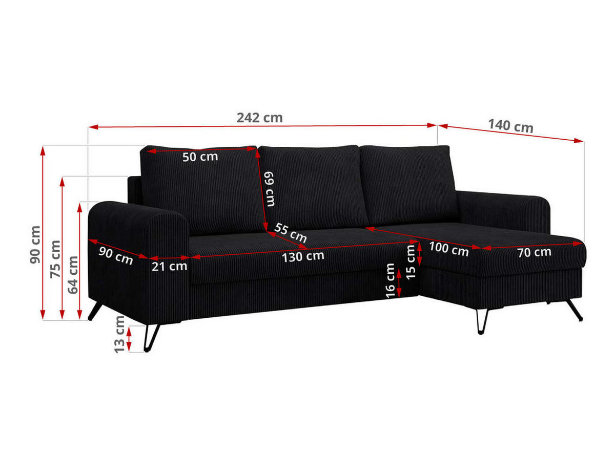 ECKSOFA Hugo Cord Schwarz - Schwarz, Textil/Metall (242/140cm) - MKS
