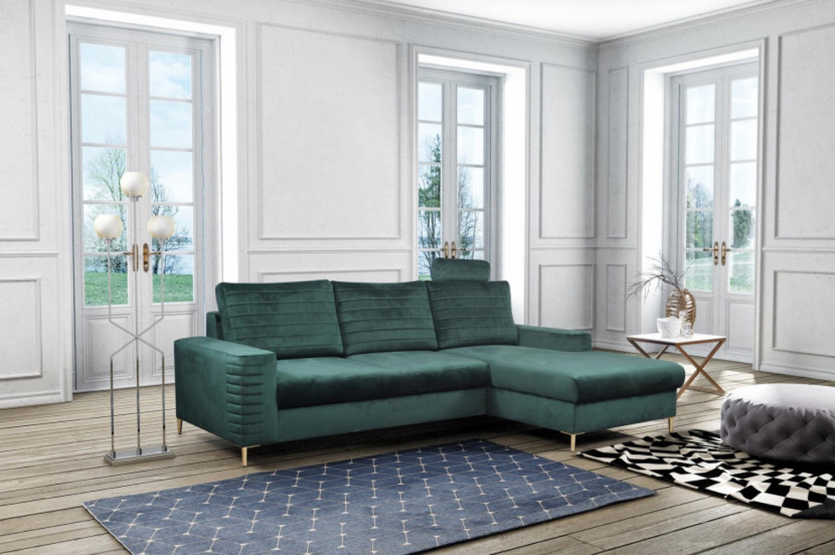 ECKSOFA Grün OLI Ausziehbar Mit Kopfstütze Und Bettkasten Rechts - Grün, Textil (253/165cm) - Sepro Meble