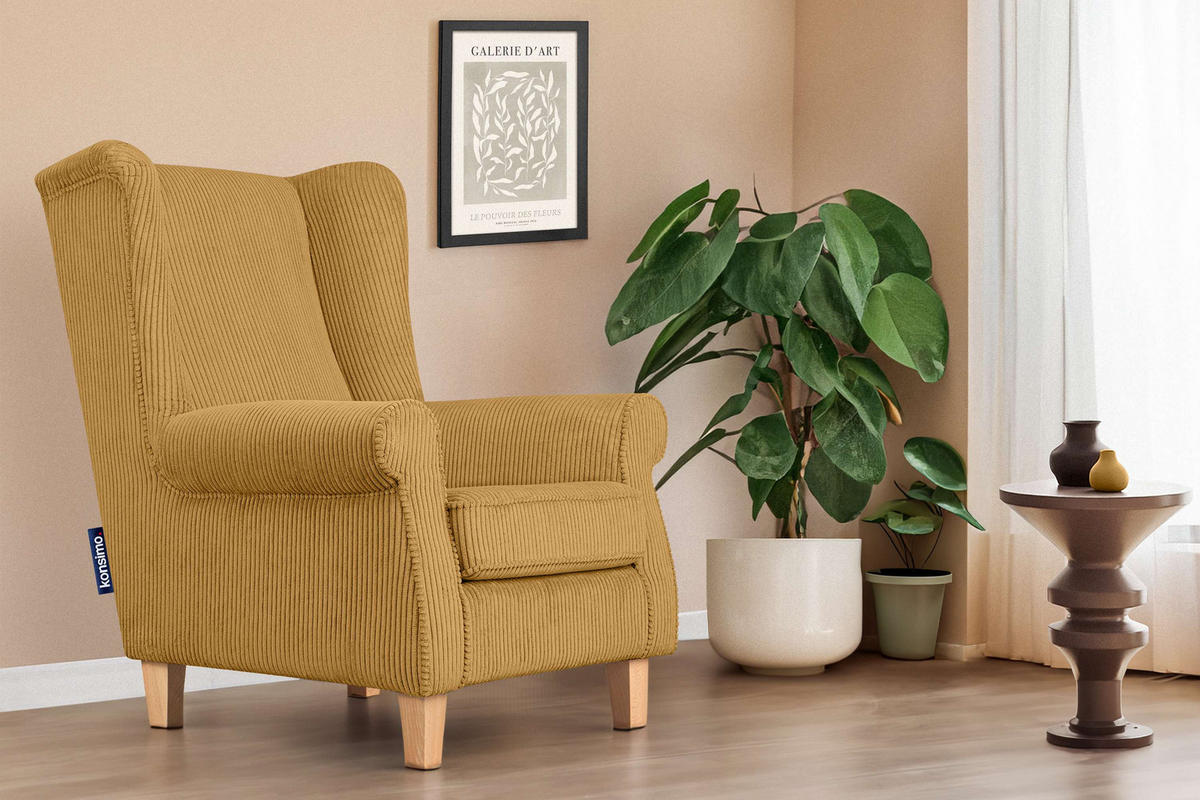 OHRENSESSEL MILES Kord-Bezug Petfriendly, gelb - Gelb, Holzwerkstoff/Buchenholz (82/105/97cm) - KONSIMO®