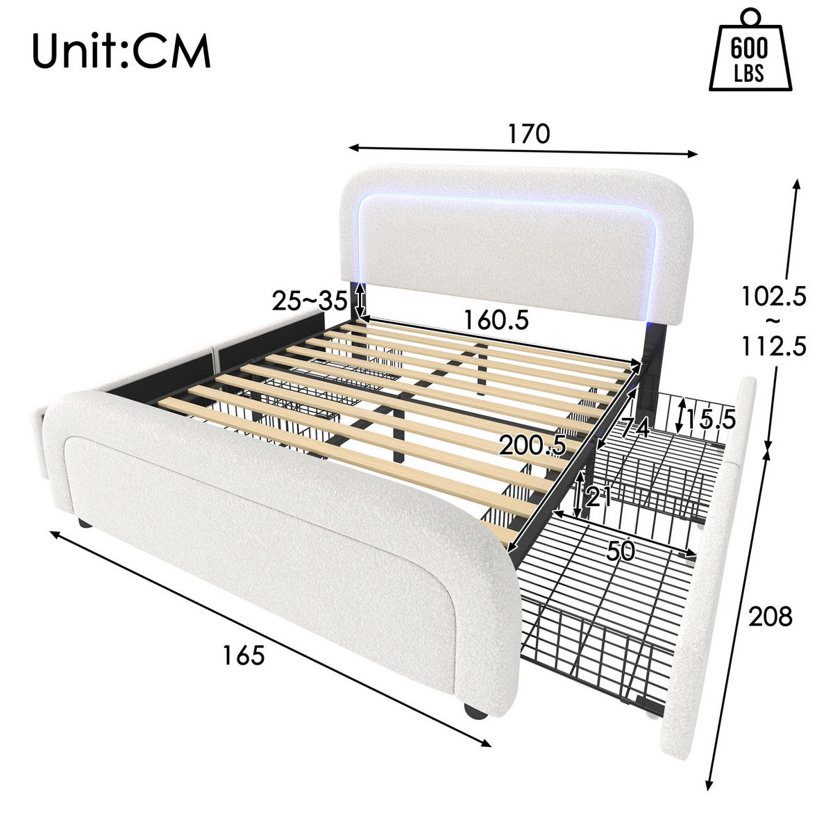 POLSTERBETT 160/200 cm weiß aus Sherpa mit LED, USB-C und 4 Schubladen - Weiß, Textil (160/200cm) - OKWISH