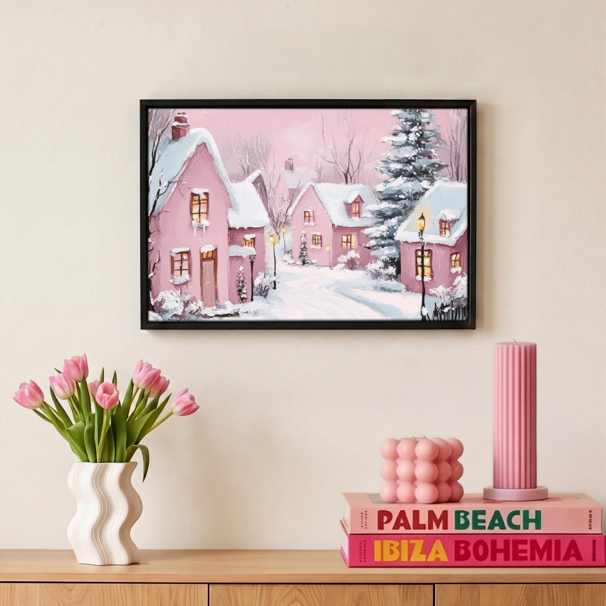 LEINWAND Bilder mit Rahmen - Weihnachtsdorf - Rosa - Winter - Schnee - Häuser - 30x20 - Altrosa, Textil (30/20cm) - MuchoWow