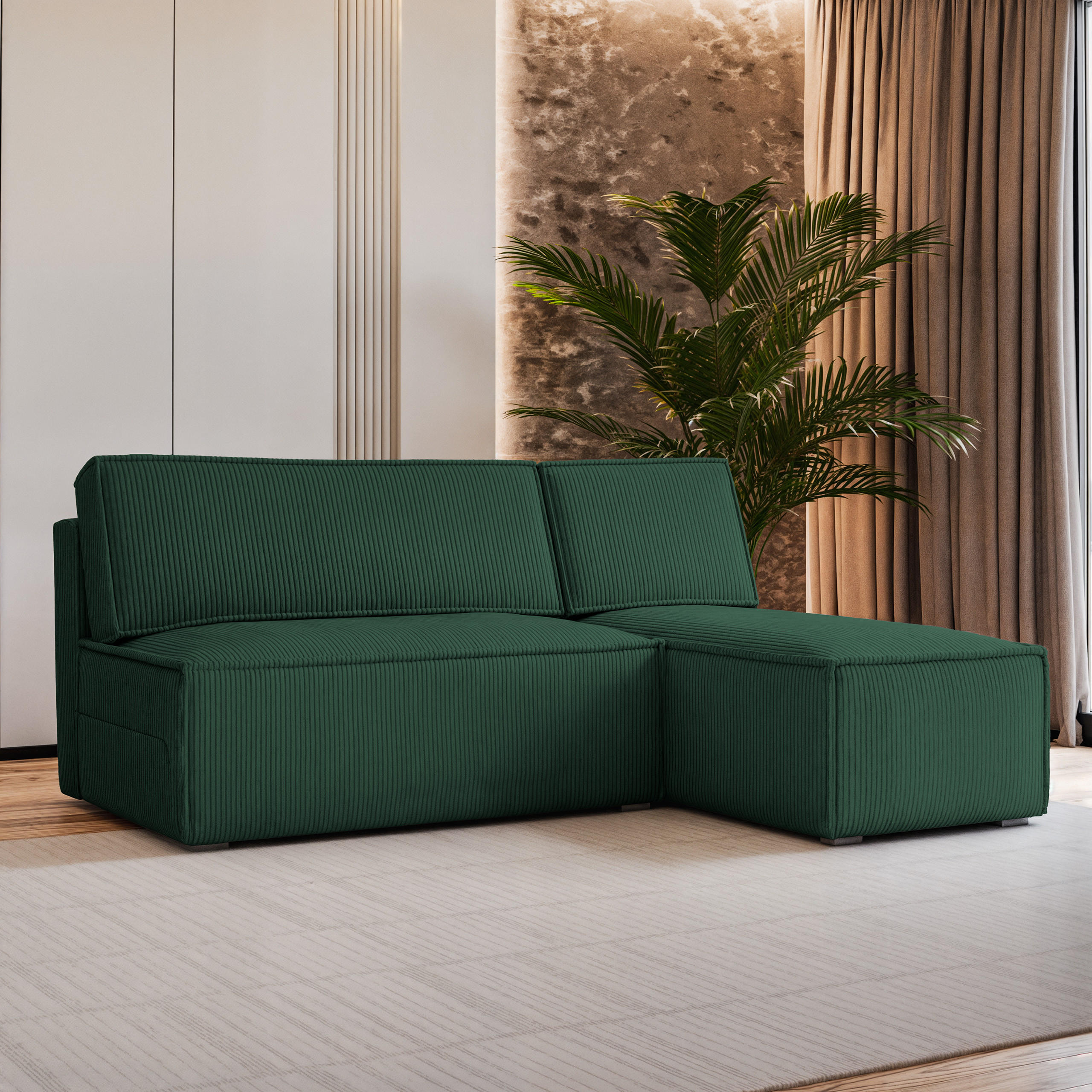 ECKSOFA BRISO P Grün Kordstoff mit Schlaffunktion - Grün, Holz (200/140cm) - MASSENO