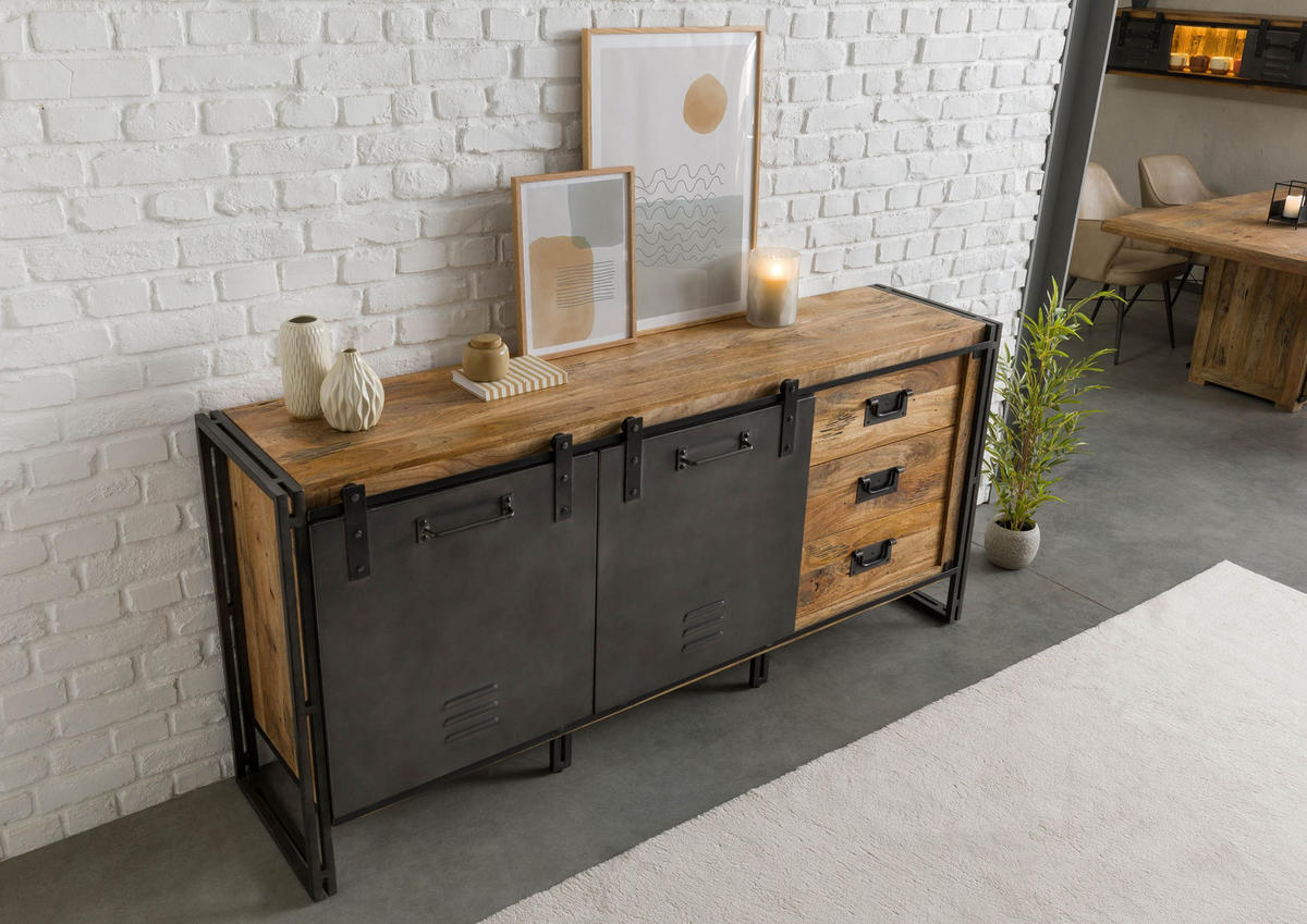 SIDEBOARD Mango 195x45x90 natur lackiert / Metall grau BLACKBURN #307 - Braun, Holz (195/90/45cm) - Massivmoebel24