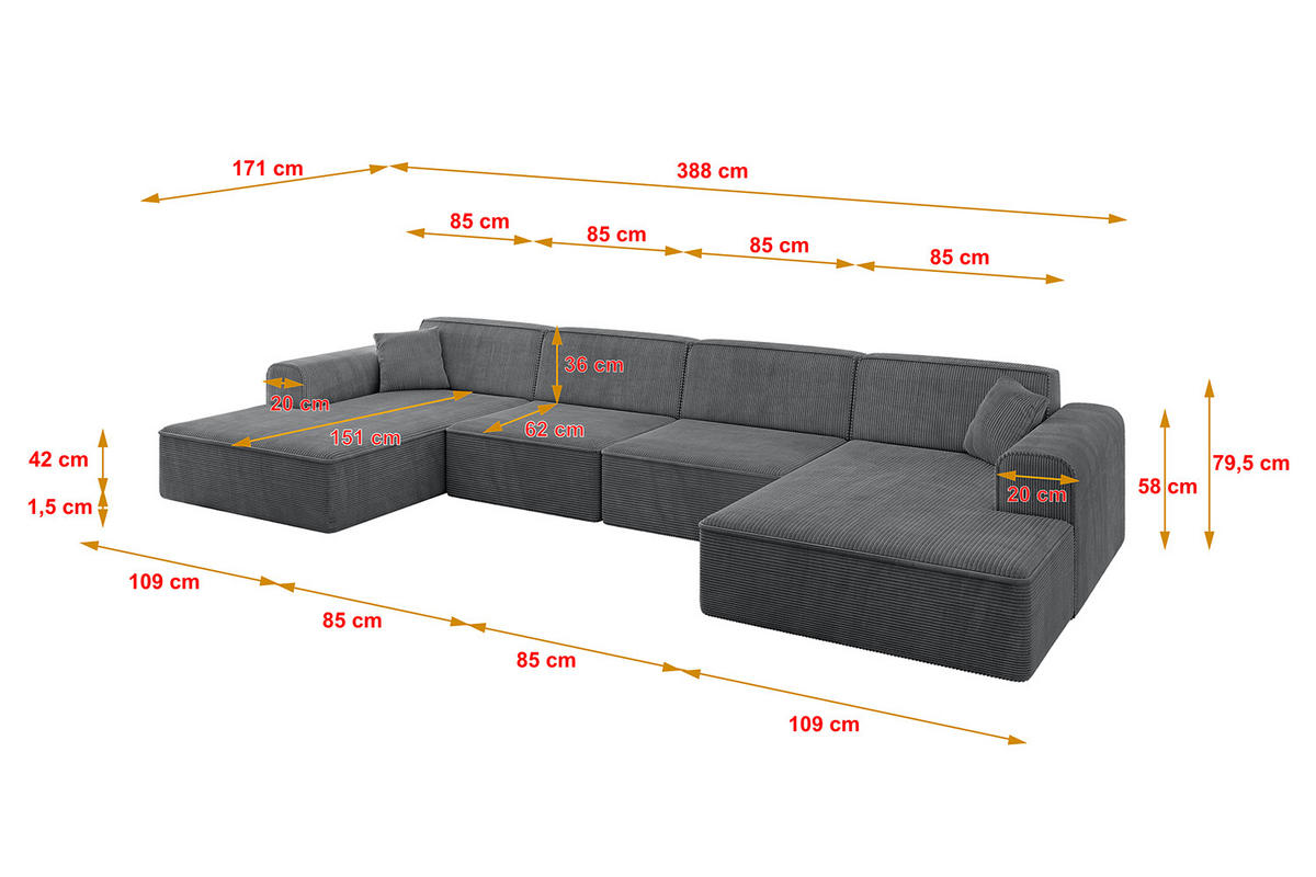 WOHNLANDSCHAFT IREA-U2-v3 - 388x171x79 cm Duneklgrau - Dunkelgrau, Holzwerkstoff/Textil (388/79/171cm) - ALTDECOR