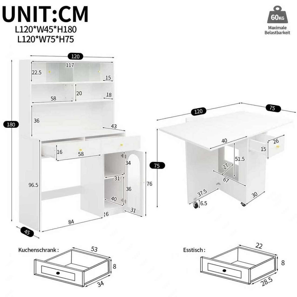 BUFFET aus MDF 120x45x180 cm / 120x75x75 cm Weiß mit klappbarem Esstisch, Rollen und Stauraum - Weiß, Holzwerkstoff (120/180/45cm) - Modfu