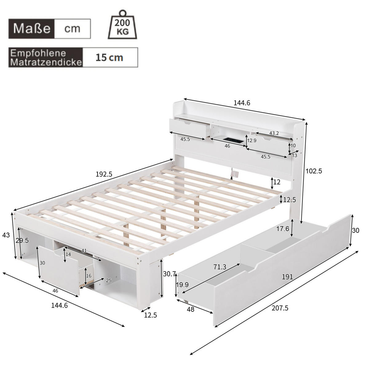 JUGENDBETT 140/190 cm in Weiß mit USB-Anschluss, Stauraum und Lattenrost - Weiß, Holz (140/190cm) - BEAOK