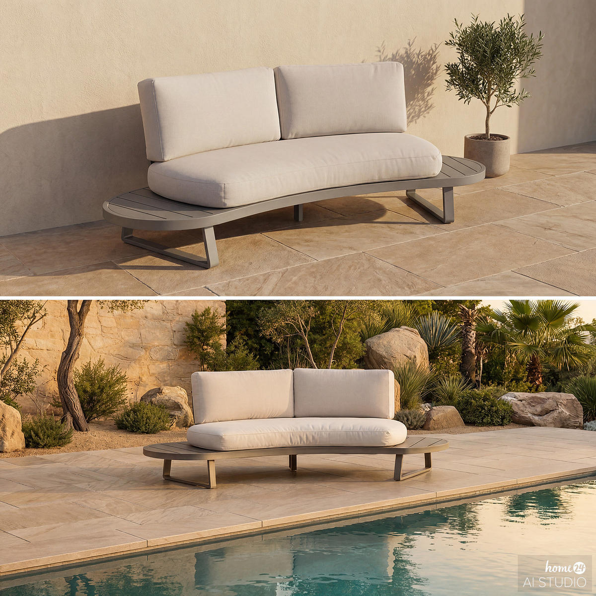 LOUNGESOFA - Aluminium / Polyester - Grau - Grau, Holz/Textil (230/64/98cm) - home24