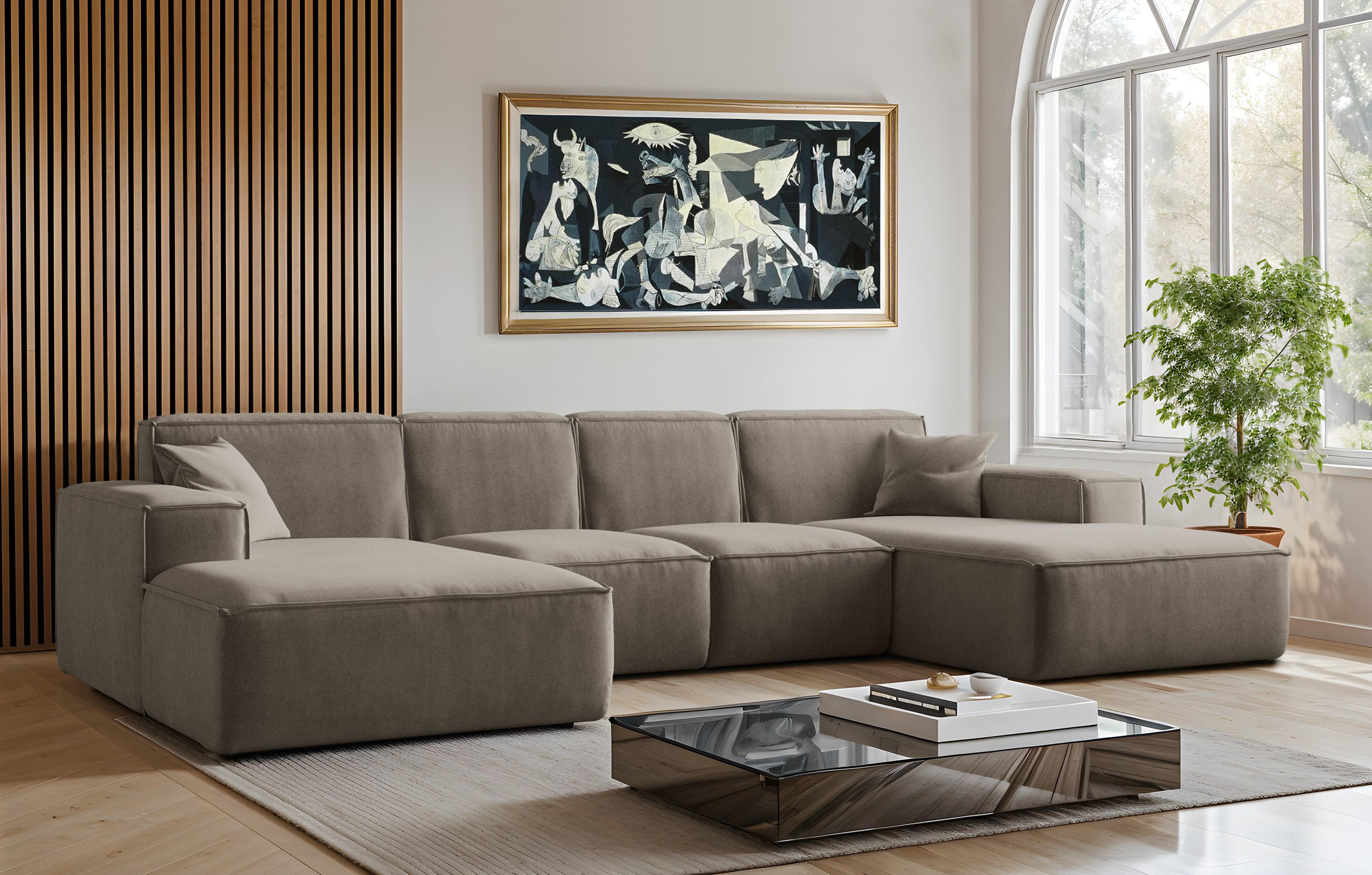 ECKSOFA U-Form Siena, U-förmiges Ecksofa, Stoff Salvador Dunkelbeige - Beige, Holz/Textil (344/165cm) - Kaiser Möbel