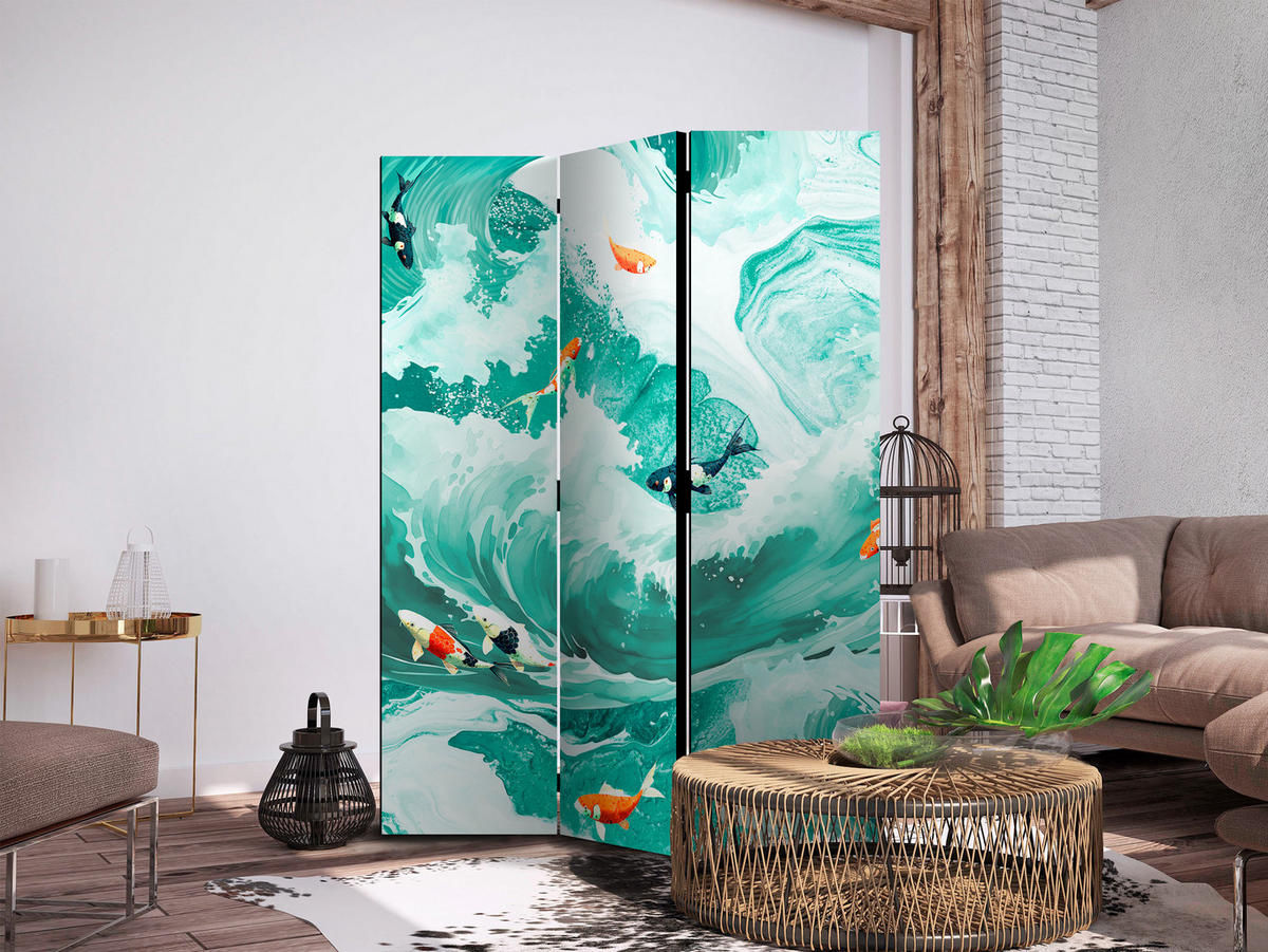 PARAVENT Beidseitig Bedruckter 3-tlg 135x172 cm Fische im Ozean - Multicolor, Holz/Textil (135/172/3cm) - Muralo