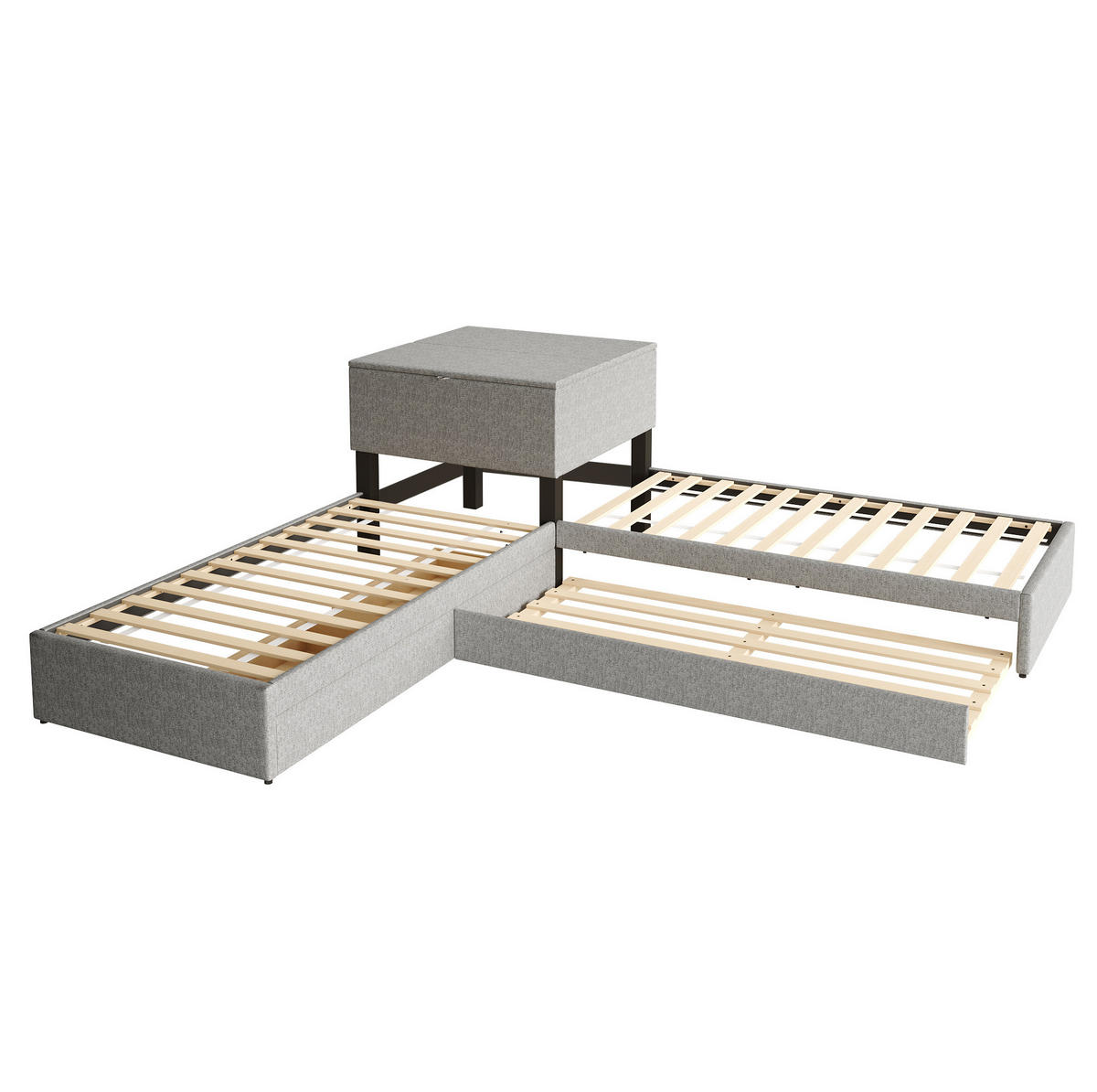ECKBETT mit Ausziehbett und Stauraum 90x200 cm Leinen Grau - Grau, Holz (90/200cm) - Meubliv