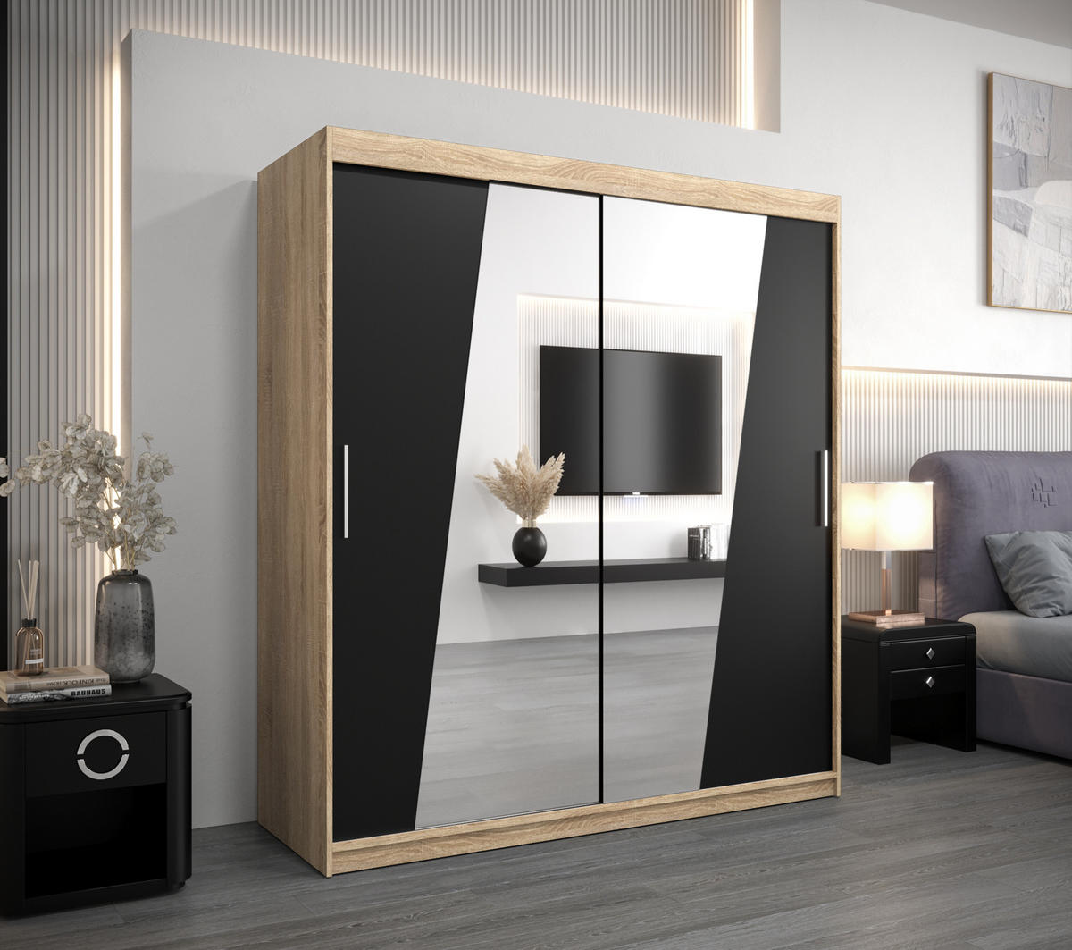 SCHWEBETÜRENSCHRANK 200/180/62 2-türig - Silberfarben/Schwarz, Holz/Kunststoff (180/200/62cm) - Abiks Möbel