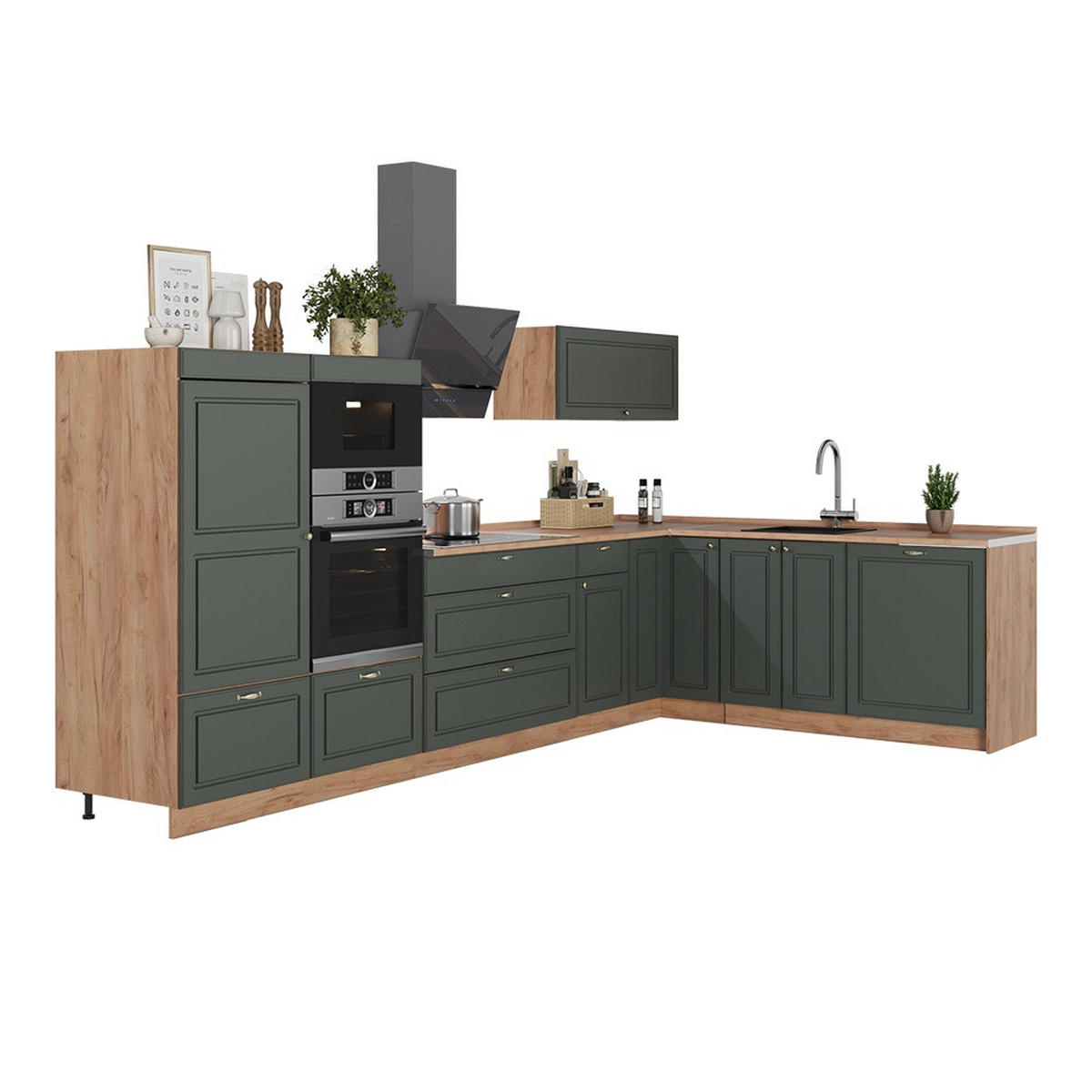 HÖRNKÖK Fame-Line, Grönt och guld lanthus/Goldkraft ek, 347 x 207 cm utan bänkskiva - Grön/Honungsek, Träbaserade material (347/153.6/51.6cm) - Vicco