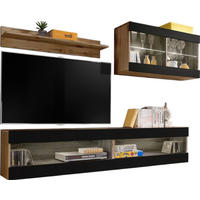 WOHNWAND 4-er Set, TIVOLI SET6 Wotan + Schwarz, Offener Raum - Schwarz, Glas/Holzwerkstoff (240/195/35cm) - Komodee
