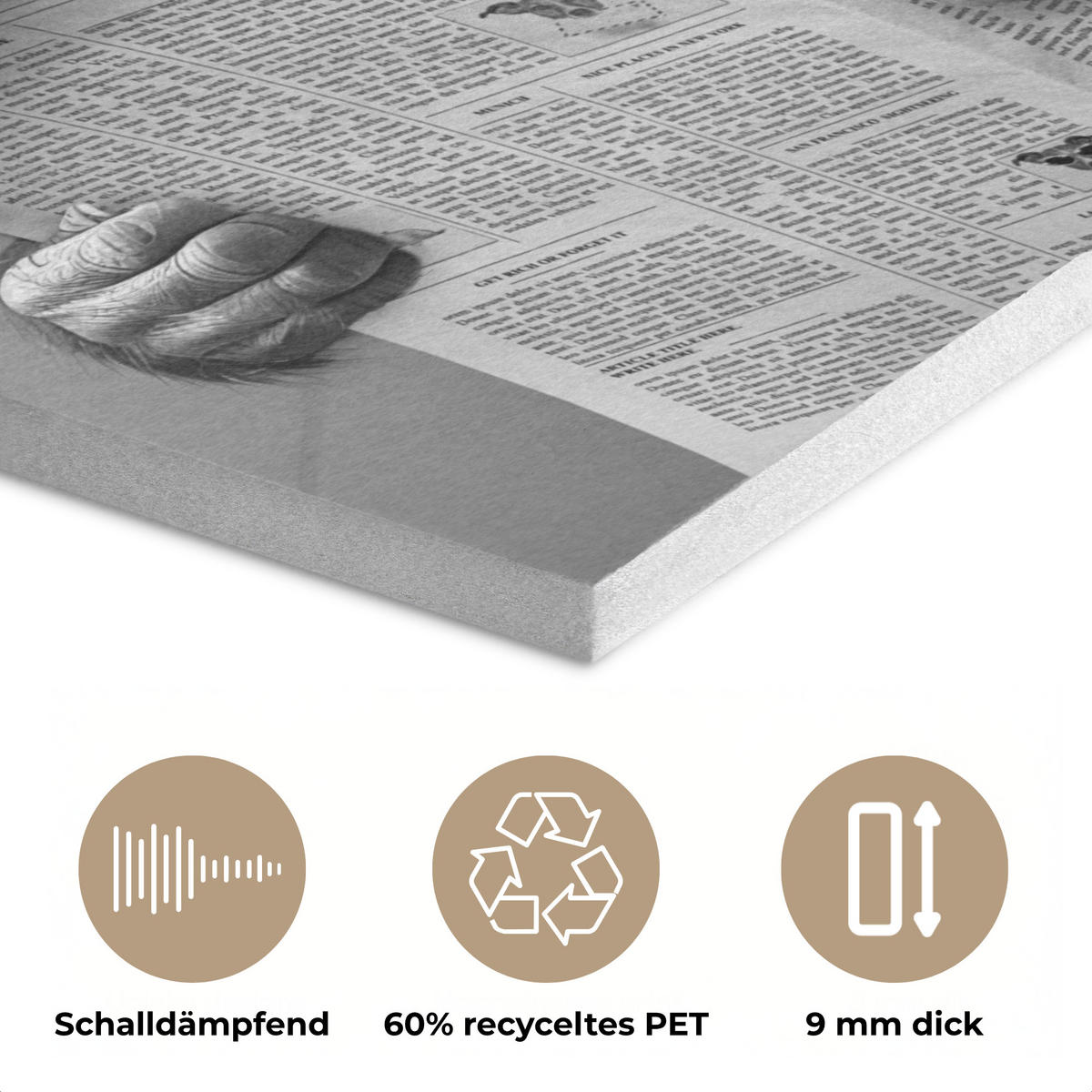 AKUSTIKPANEEL Affe - WC - Zeitung - Schwarz-Weiß - Humor 90x90 cm - Hellgrau, Textil (90/0.9/90cm) - MuchoWow