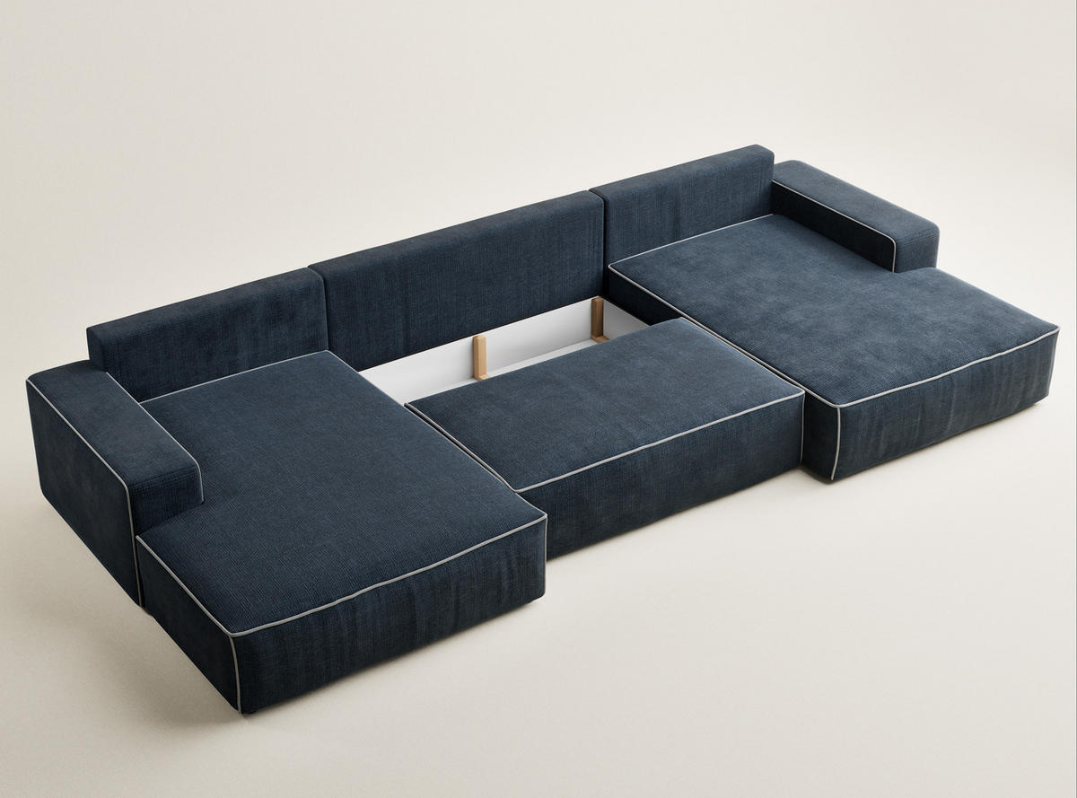 WOHNLANDSCHAFT Deseo Dunkelblau-Grau Chenille-Stoff - Schwarz/Dunkelblau, Holz/Holzwerkstoff (398/70/148cm) - Maison de Reve