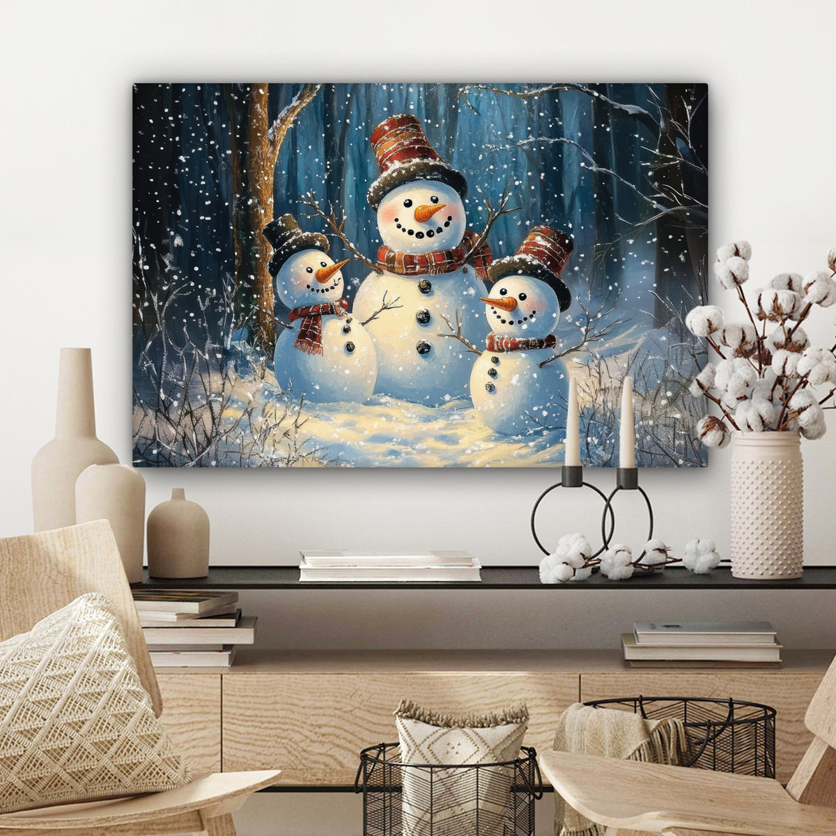 LEINWANDBILD Schneemann - Schnee - Winter - Wald Wanddeko 90x60 cm - Hellblau, Textil (90/60cm) - MuchoWow