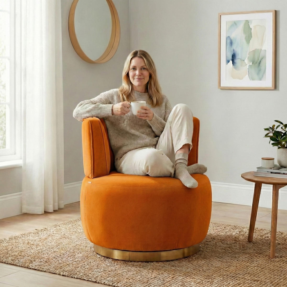 DREHSTUHL 360°Drehsessel,runde Sessel mit breiter Polsterung,Samt,Orange - Orange, Metall (62/69/62cm) - LVHOM