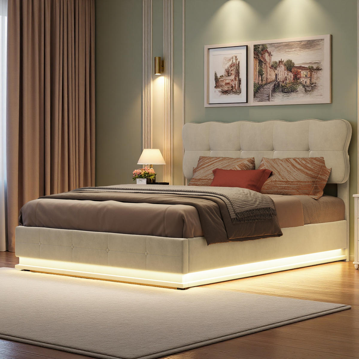 POLSTERBETT 140/200 cm Beige mit Bettkasten und LED-Beleuchtung - Beige, Holz (140/200cm) - SHOPENTRA