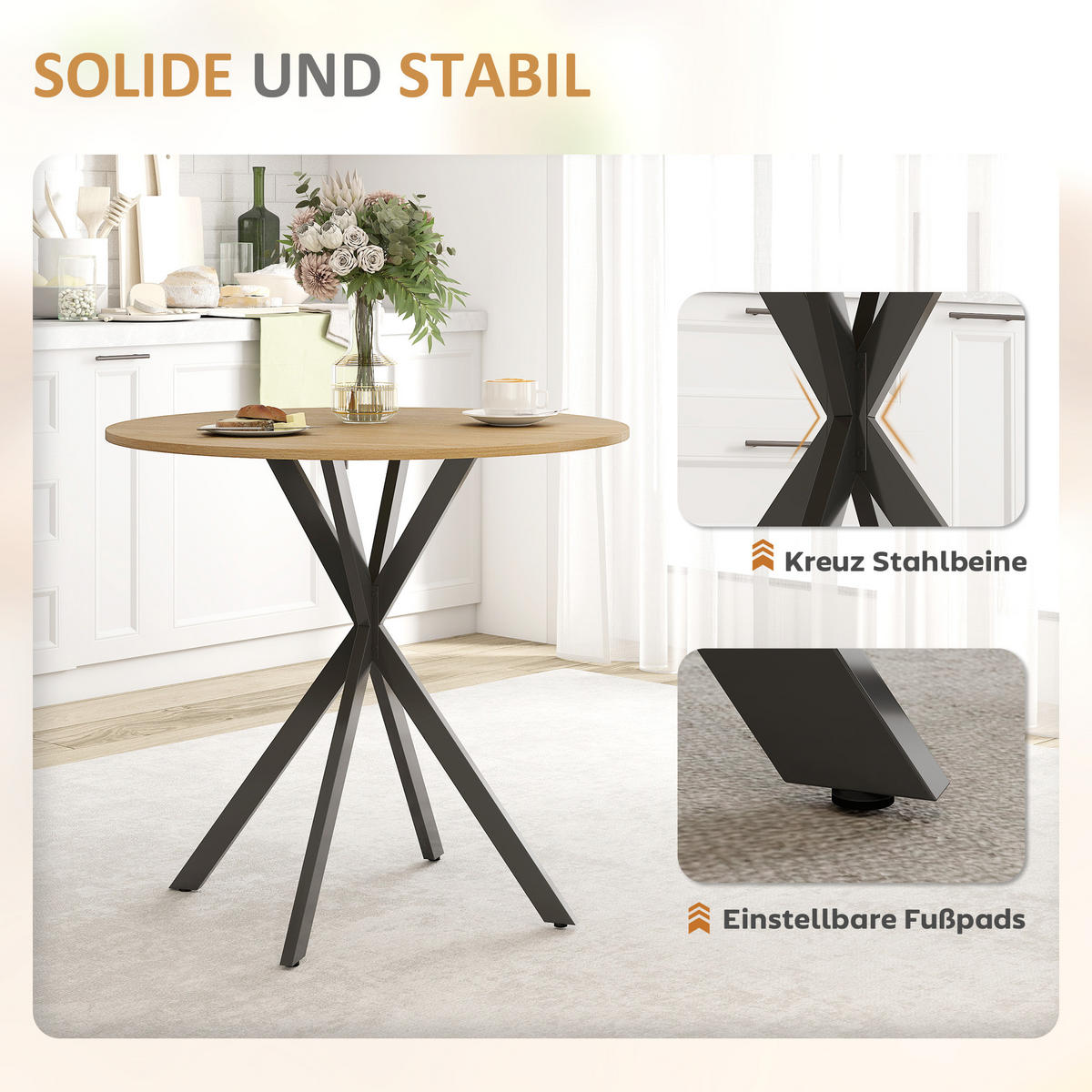ESSTISCH, Runder Küchentisch für 2 Personen im Industriestil mit Stahlbeinen - Eichefarben, Metall (80/80/75cm) - HOMCOM