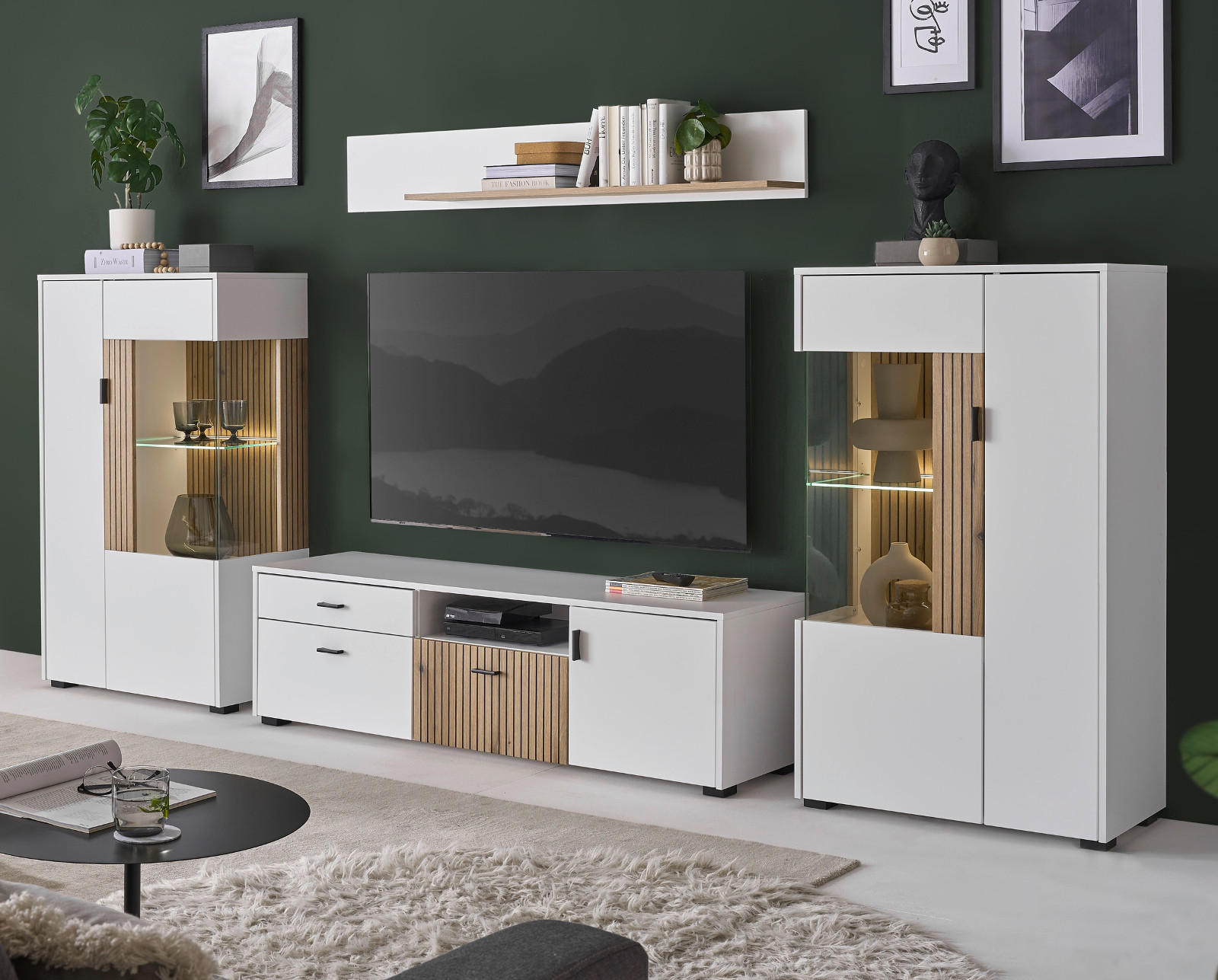 WOHNWAND weiß matt, Evoke Eiche, Wohnkombination 4-teilig 320 x 170 cm - Eichefarben/Weiß, Holzwerkstoff (320/180/42cm) - Furn.Design