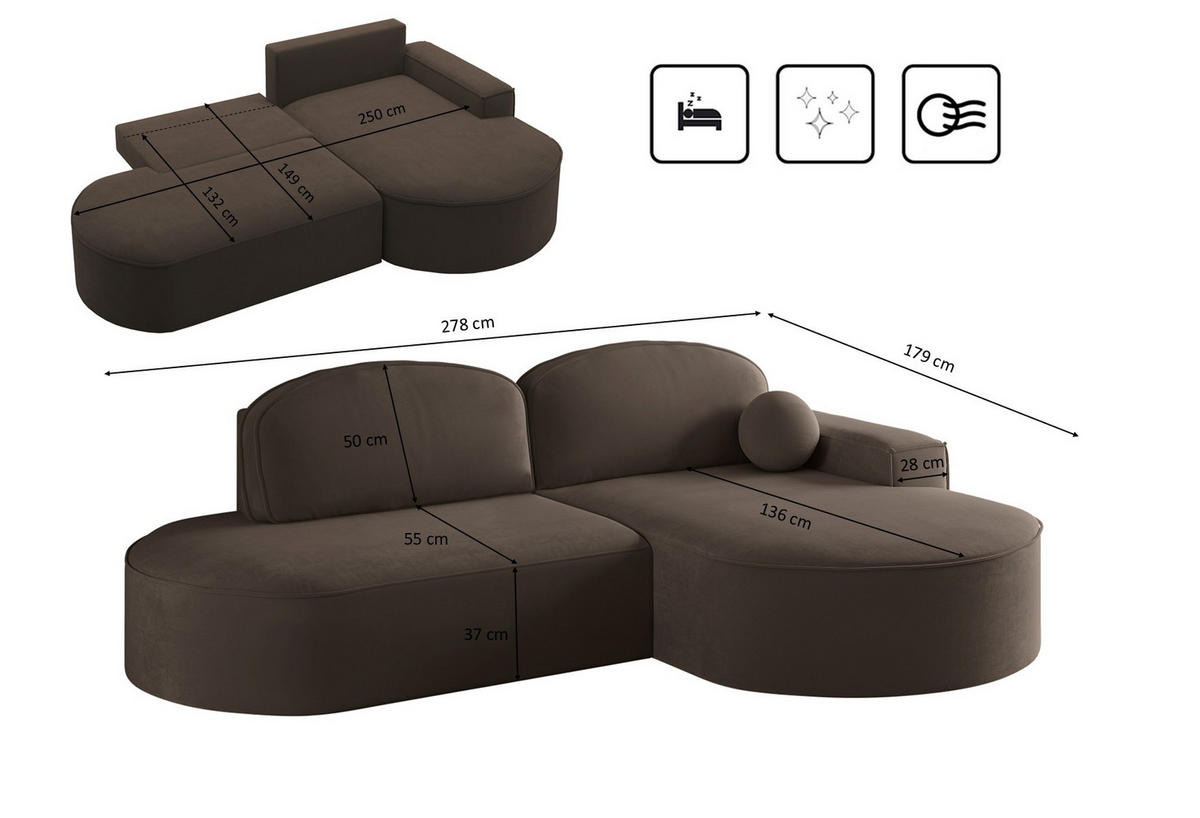 ECKSOFA mit Schlaffunktion und Bettkasten Modena Runden stoff Salvador Dunkelbraun Rechts - Dunkelbraun, Holz/Textil (278/179cm) - Kaiser Möbel