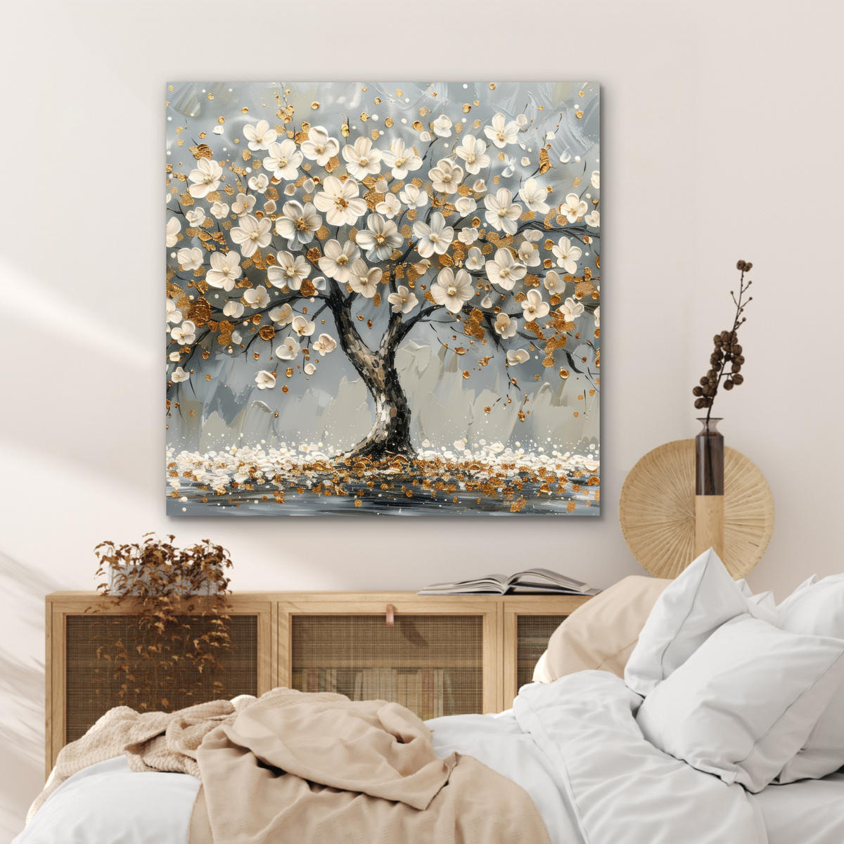 KOVOVÝ OBRAZ Strom - Kvety - Biela - Príroda - Umenie 90x90 cm - biela, kov (90/90cm) - MuchoWow