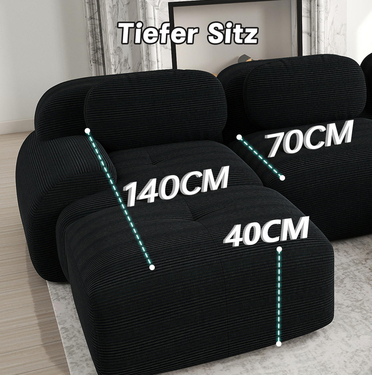 2-SITZER-MODULSOFA aus Cordstoff Schwarz rahmenlos mit ergonomischen Armlehnen und rutschfester Unterseite - Schwarz, Textil (208/75/178cm) - Modfu