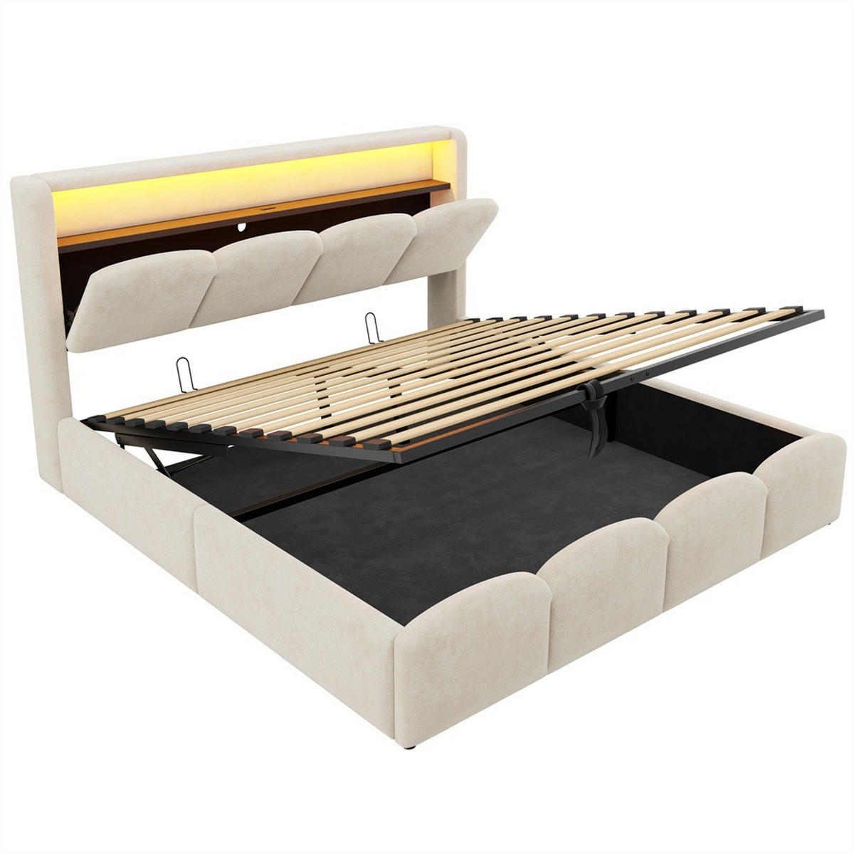 POLSTERBETT 140x200 cm mit KopfteilStauraum & hydraulischem Stauraum - USB und Type-C & LED - Beige - Beige, Textil (140/200cm) - DELFA