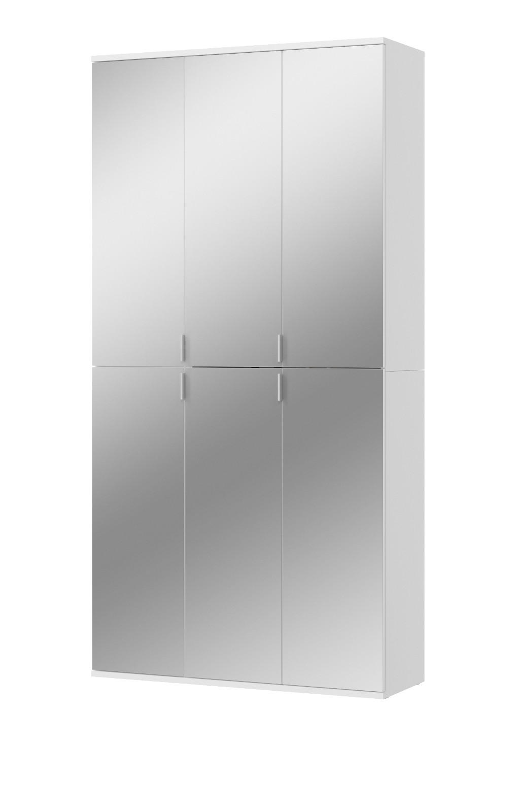 GARDEROBENSCHRANK weiß 91 cm 6-türig, Schuhschrank mit Spiegel, Garderobenmöbel - Weiß Hochglanz/Silberfarben, Holzwerkstoff/Kunststoff (91/193/34cm) - Inn.Furn