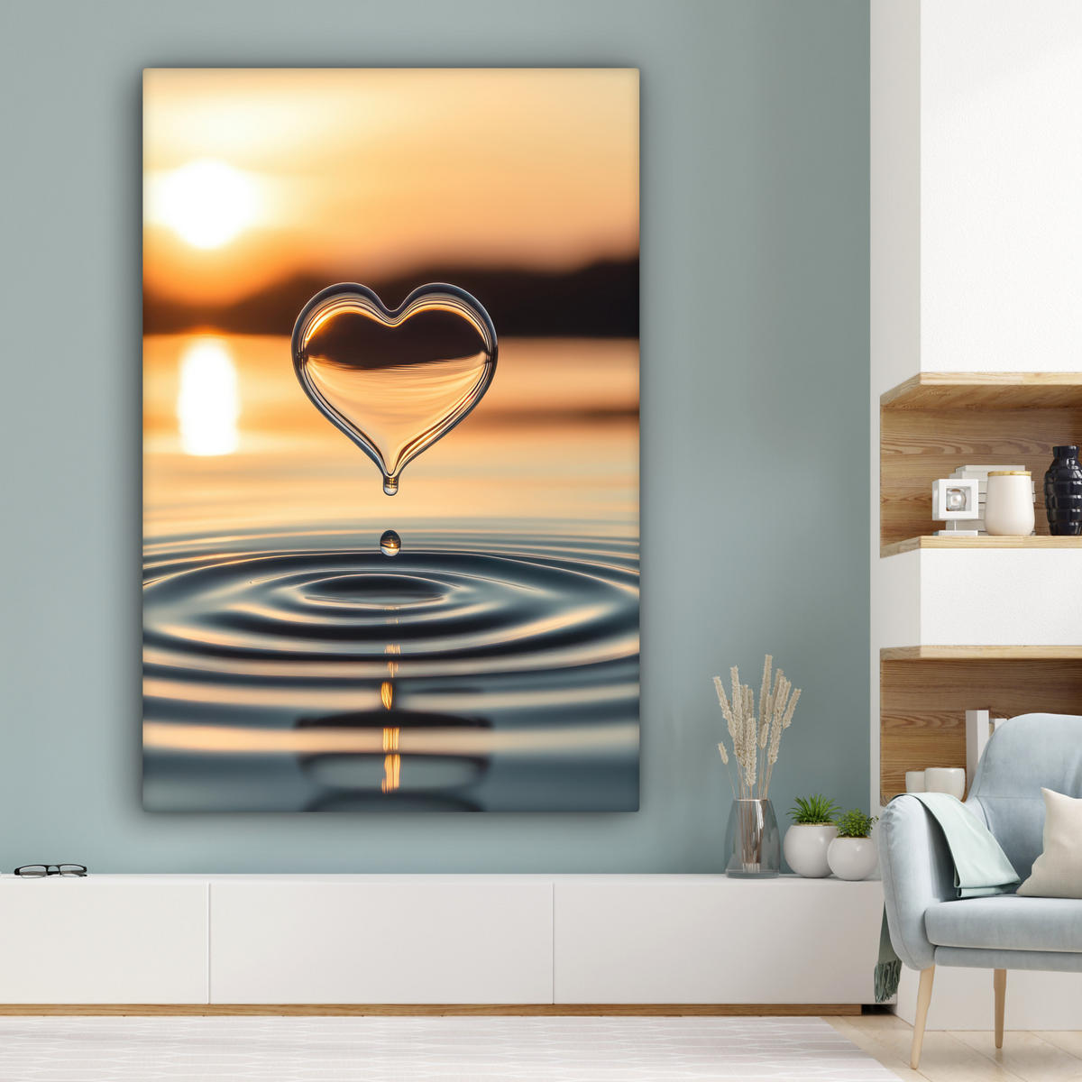 LEINWANDBILD Herz - Wasser - Sonnenuntergang - Natur - Zen Deko Groß 90x140 cm - Bernsteinfarben, Textil (90/140cm) - MuchoWow