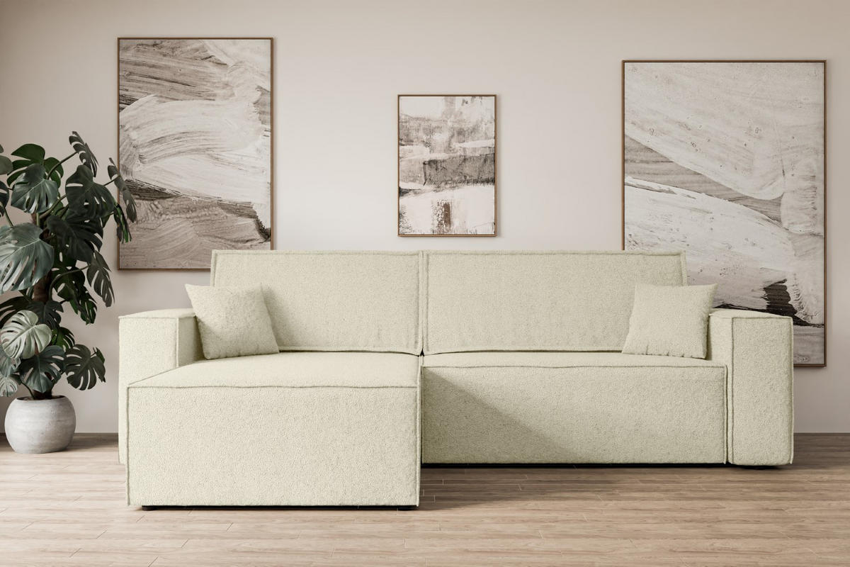 ECKSOFA mit Schlaffunktion und Bettkasten CELTIC-XL - 277x143x83 cm Beige Bouclé - Beige/Schwarz, Holzwerkstoff/Kunststoff (277/143cm) - ALTDECOR