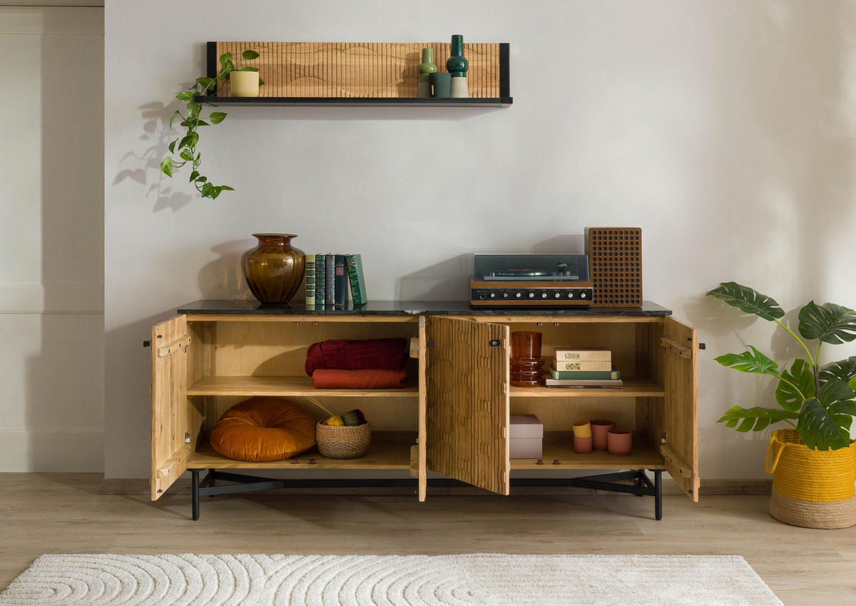 SIDEBOARD Akazie 180x40x76 natur lackiert / Marmor schwarz LONDON #101 - Braun, Holz (180/76/40cm) - Massivmoebel24
