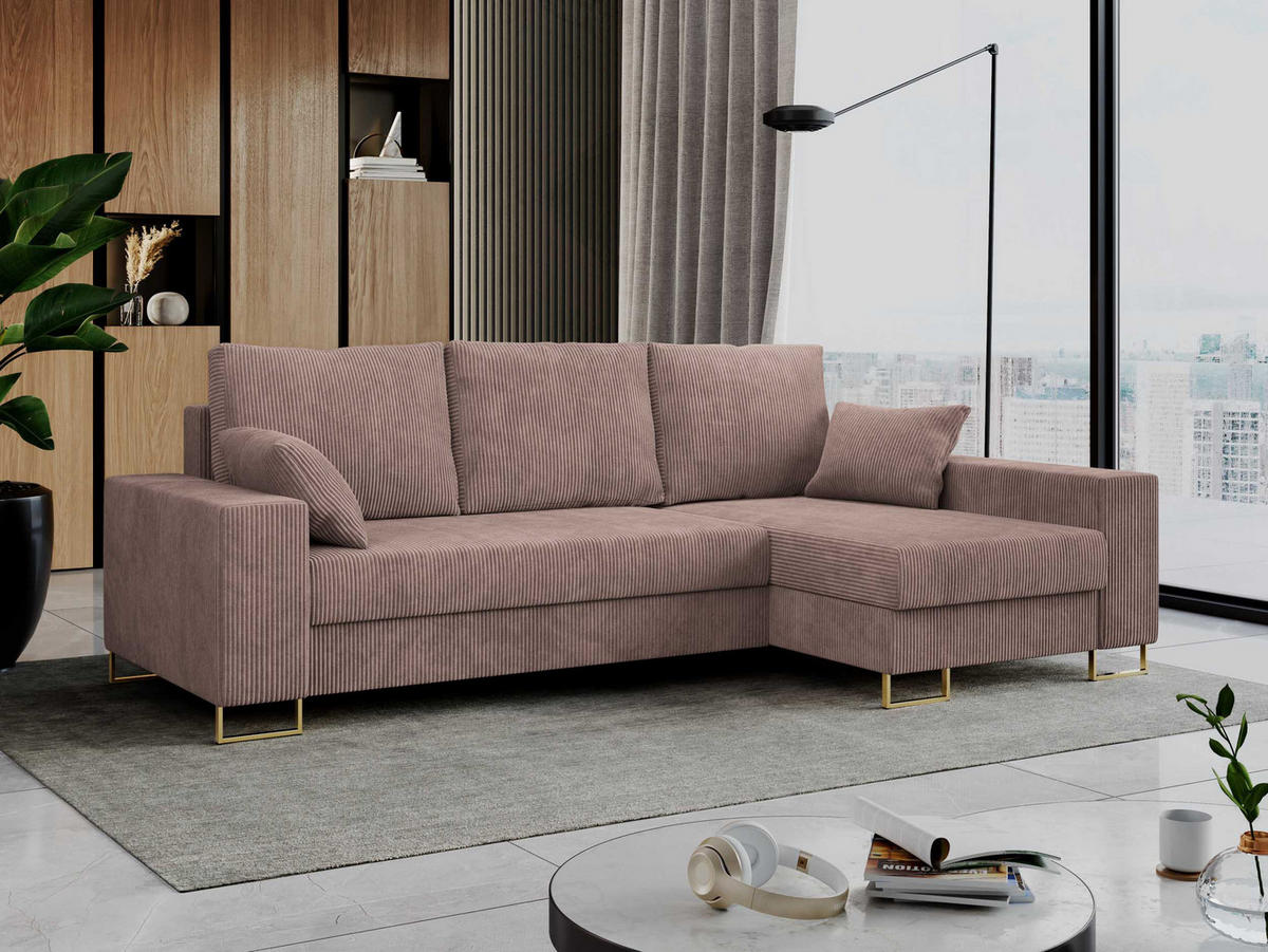 ECKSOFA Dorian Cord Rosa - Goldfarben/Rosa, Textil/Metall (242/138cm) - MKS