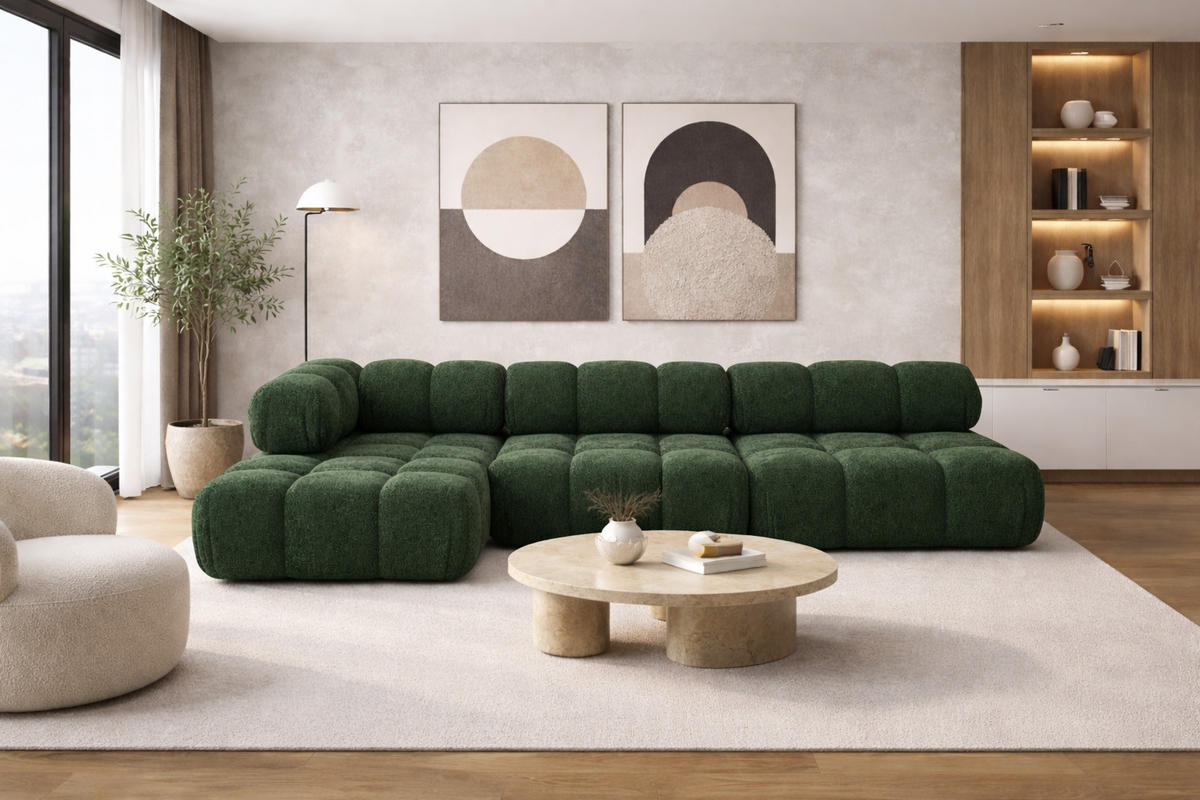 ECKSOFA L-Form Modulare, Bouclé-Stoff Abriamo, Dunkelgrün, Links, Selia - Dunkelgrün, Holz (285/160cm) - Kaiser Möbel