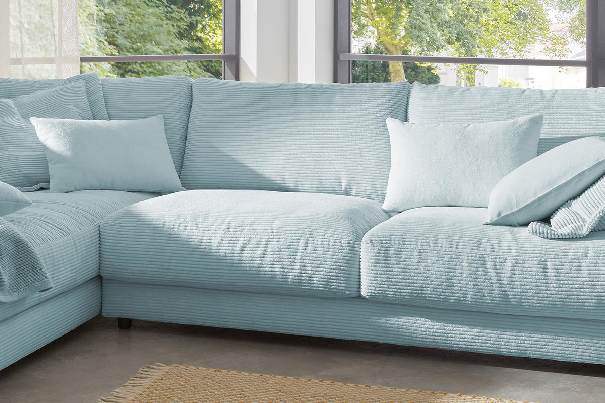 ECKSOFA MADELINE Hellblau Cord - Schwarz/Hellblau, Kunststoff/Textil (325/224cm) - KAWOLA
