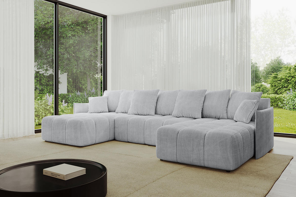 WOHNLANDSCHAFT LONLI-U 355x189x68 Grau Cord - Grau, Holzwerkstoff/Kunststoff (355/68/189cm) - ALTDECOR