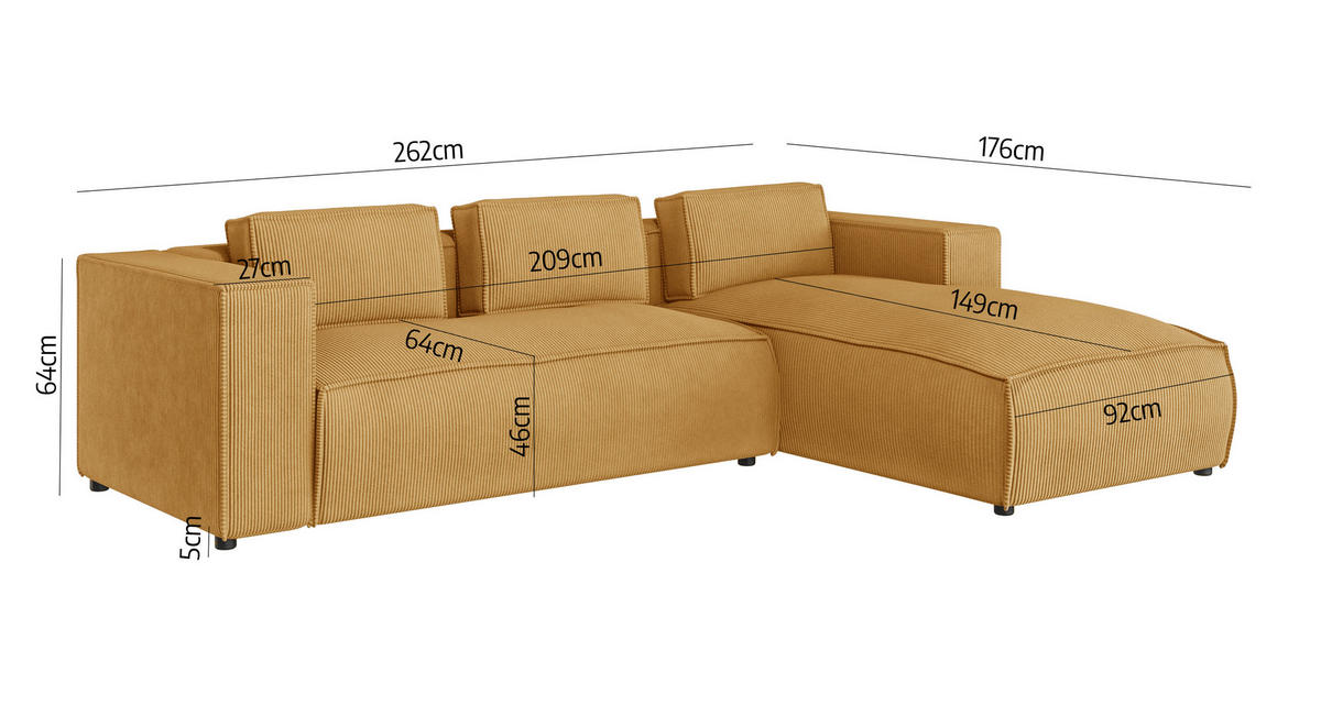 ECKSOFA Nova Honig Cord, Ottomane rechts - Schwarz/Honig, Holz/Kunststoff (262/176cm) - S-Style Möbel