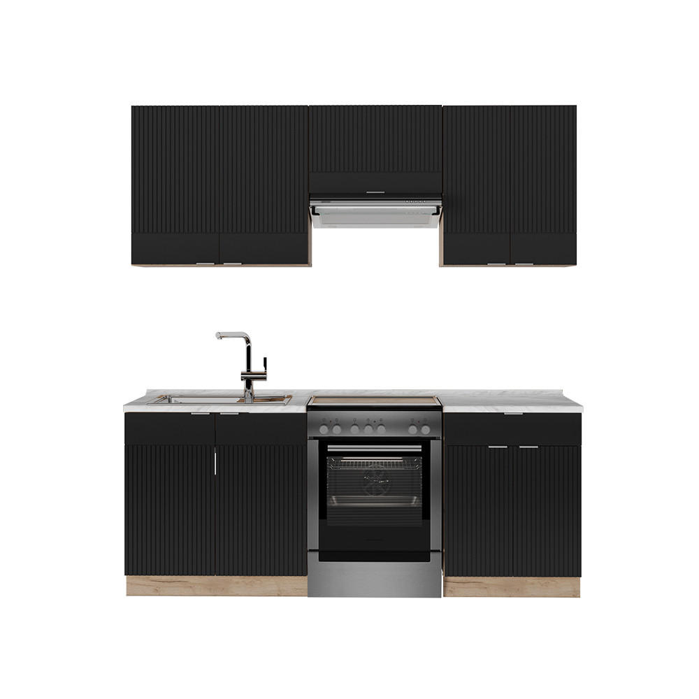 KÜCHENZEILE Fame-Line, Schwarz gestreift/Goldkraft Eiche, 200 cm ohne Arbeitsplatte - Honigeiche/Schwarz, Holzwerkstoff (200/81.6/46cm) - Vicco