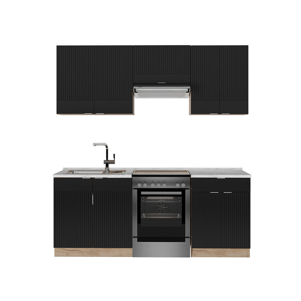 KÜCHENZEILE Fame-Line, Schwarz gestreift/Goldkraft Eiche, 200 cm ohne Arbeitsplatte - Honigeiche/Schwarz, Holzwerkstoff (200/81.6/46cm) - Vicco