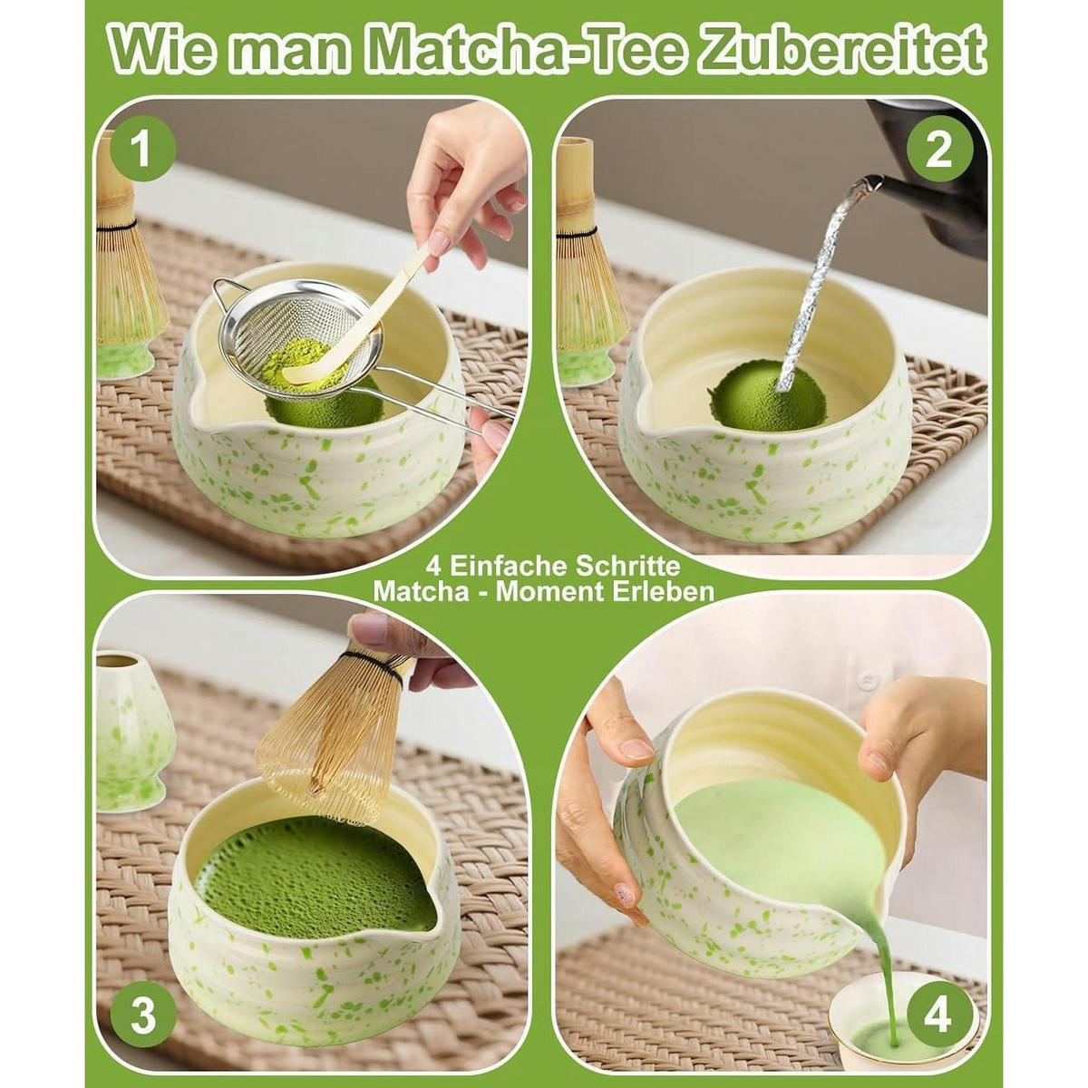 MATCHA Set 7-teilig Keramik und Bambus Beige Grün - Multicolor, Keramik (15/10/15cm)