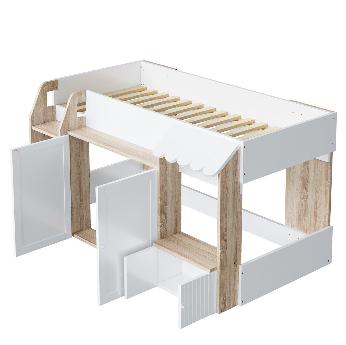 HAUSBETT Hausförmig 90/200 cm Weiß/Natur mit Stauraum ohne Matratze - Weiß, Holz (90/200cm) - MIVRAY